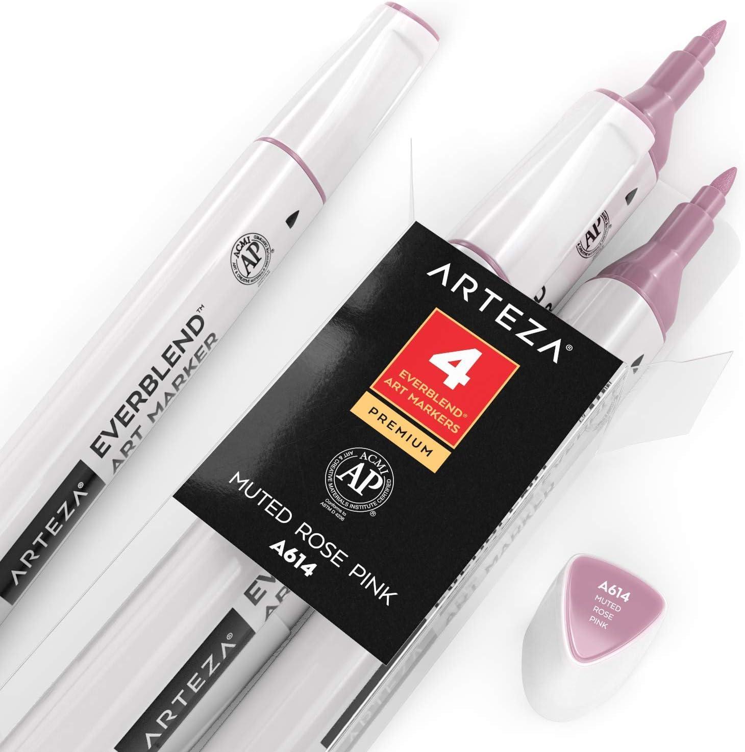 imageArteza EverBlend Art Markers Fluorescent Coral A302 Set of 4 Alcohol Based Sketch Markers with Dual Tips Fine and Broad Chisel for Painting Coloring Sketching and DrawingMuted Rose Pink A614