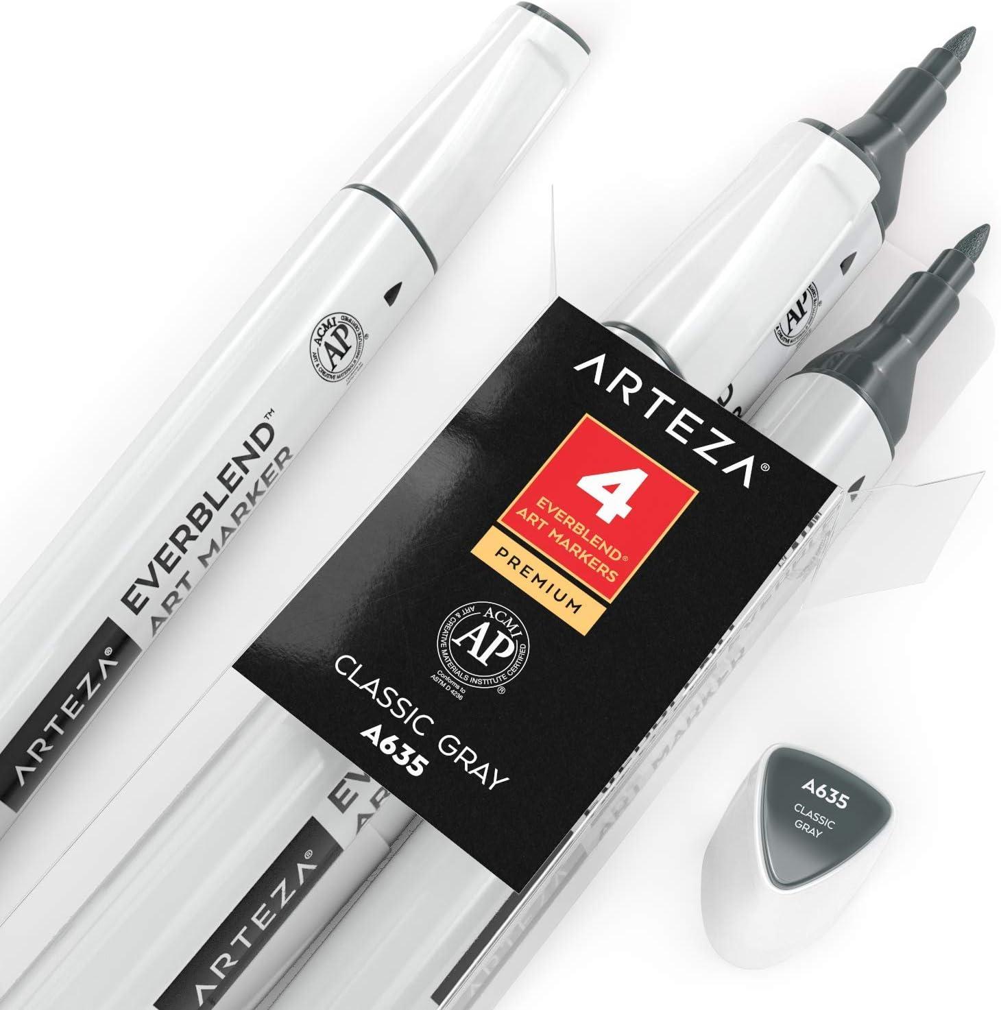 imageArteza EverBlend Art Markers Fluorescent Coral A302 Set of 4 Alcohol Based Sketch Markers with Dual Tips Fine and Broad Chisel for Painting Coloring Sketching and DrawingClassic Gray A635