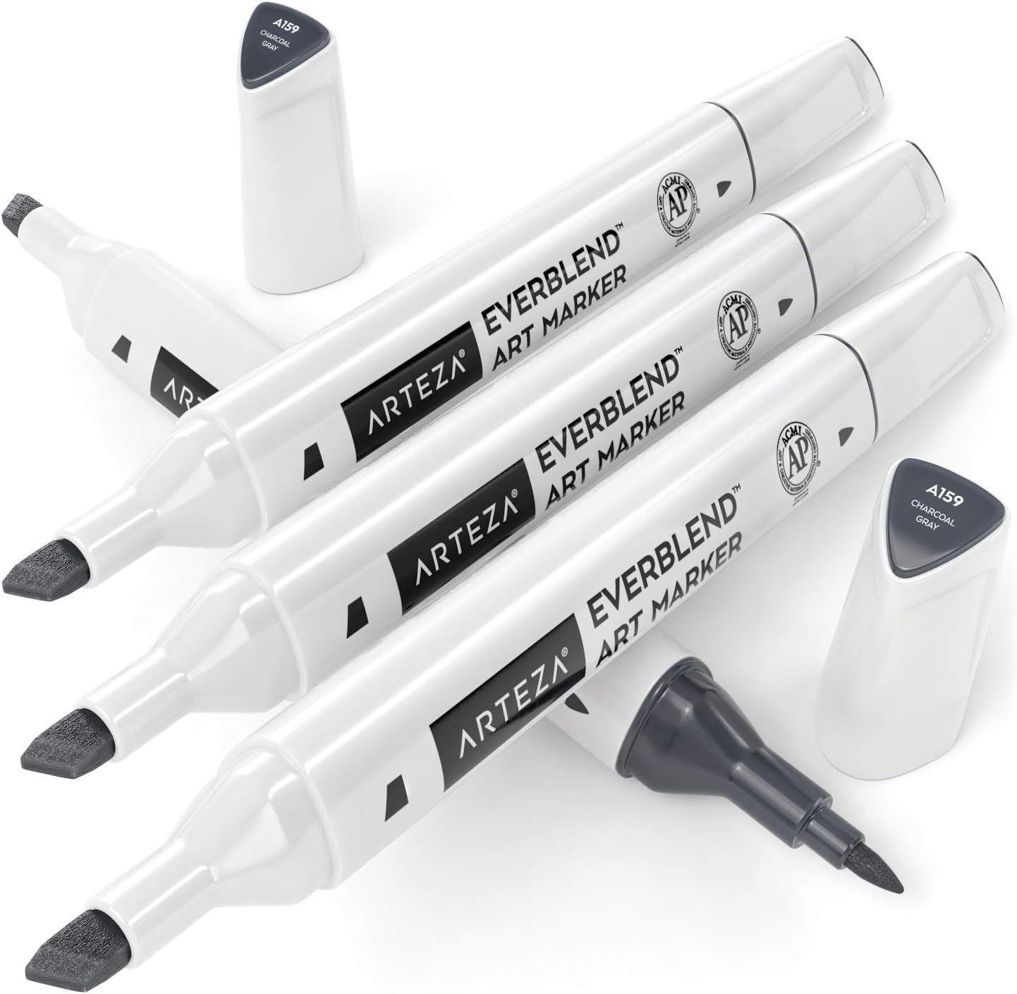 imageArteza EverBlend Art Markers Fluorescent Coral A302 Set of 4 Alcohol Based Sketch Markers with Dual Tips Fine and Broad Chisel for Painting Coloring Sketching and DrawingCharcoal Gray A159 Set of 4