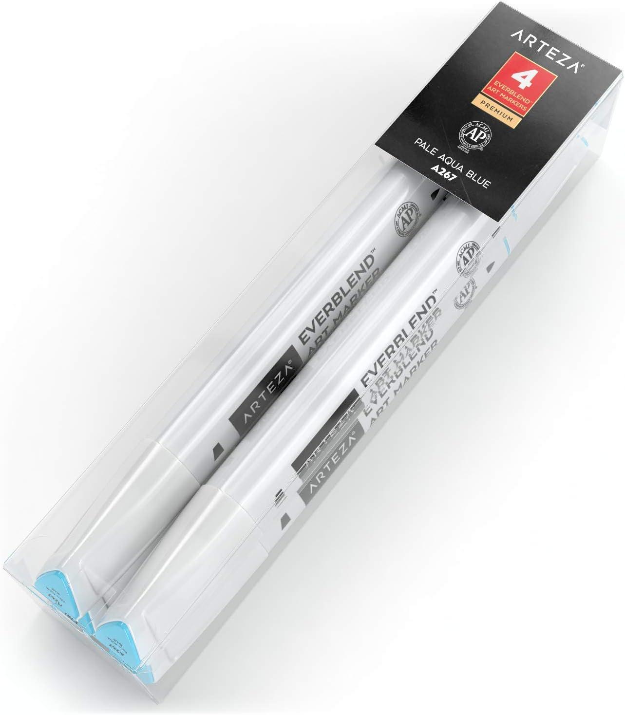 imageArteza EverBlend Art Markers Fluorescent Coral A302 Set of 4 Alcohol Based Sketch Markers with Dual Tips Fine and Broad Chisel for Painting Coloring Sketching and DrawingPale Aqua Blue A267 Set of 4