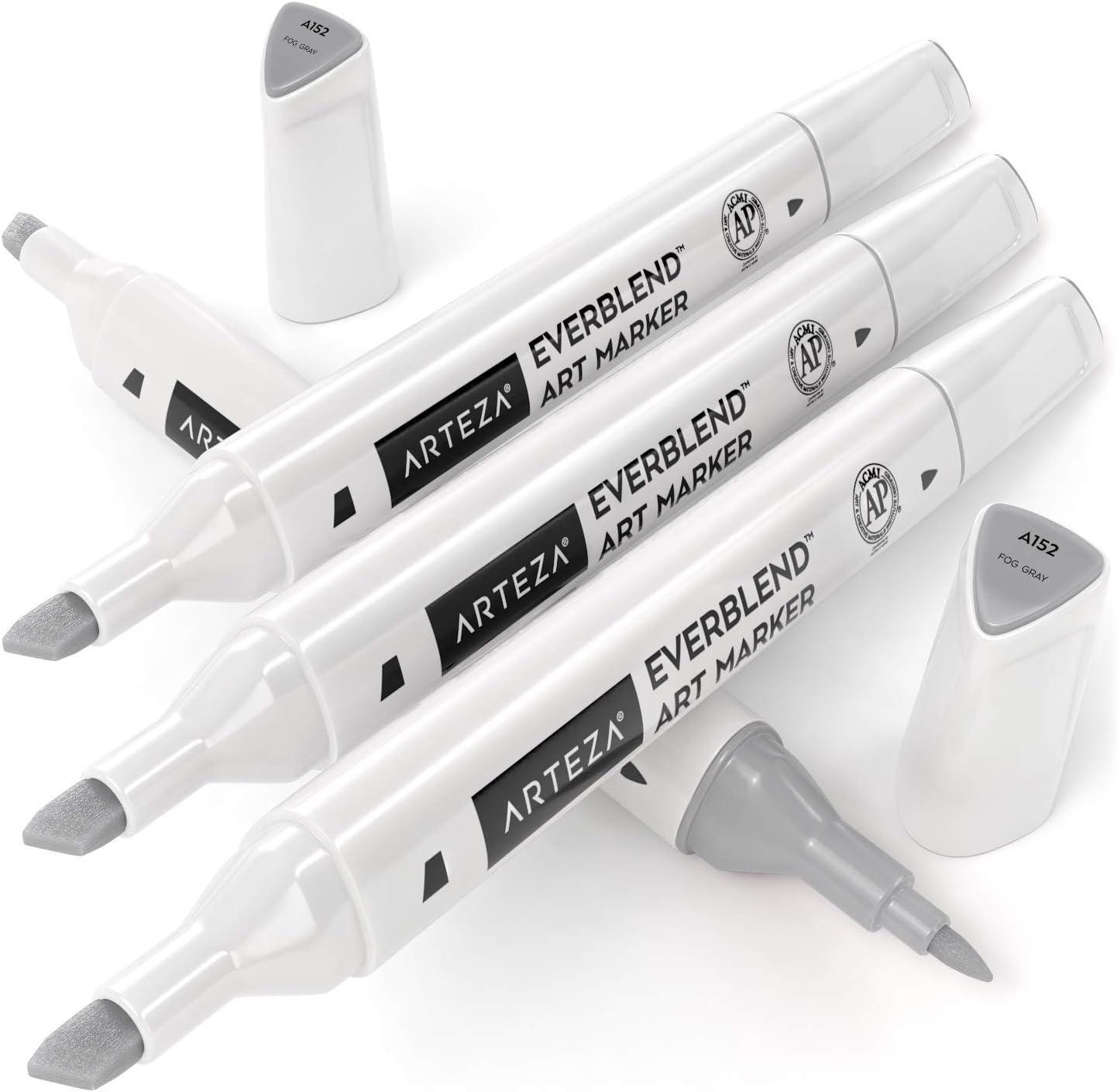 imageArteza EverBlend Art Markers Fluorescent Coral A302 Set of 4 Alcohol Based Sketch Markers with Dual Tips Fine and Broad Chisel for Painting Coloring Sketching and DrawingFog Gray A152 Set of 4