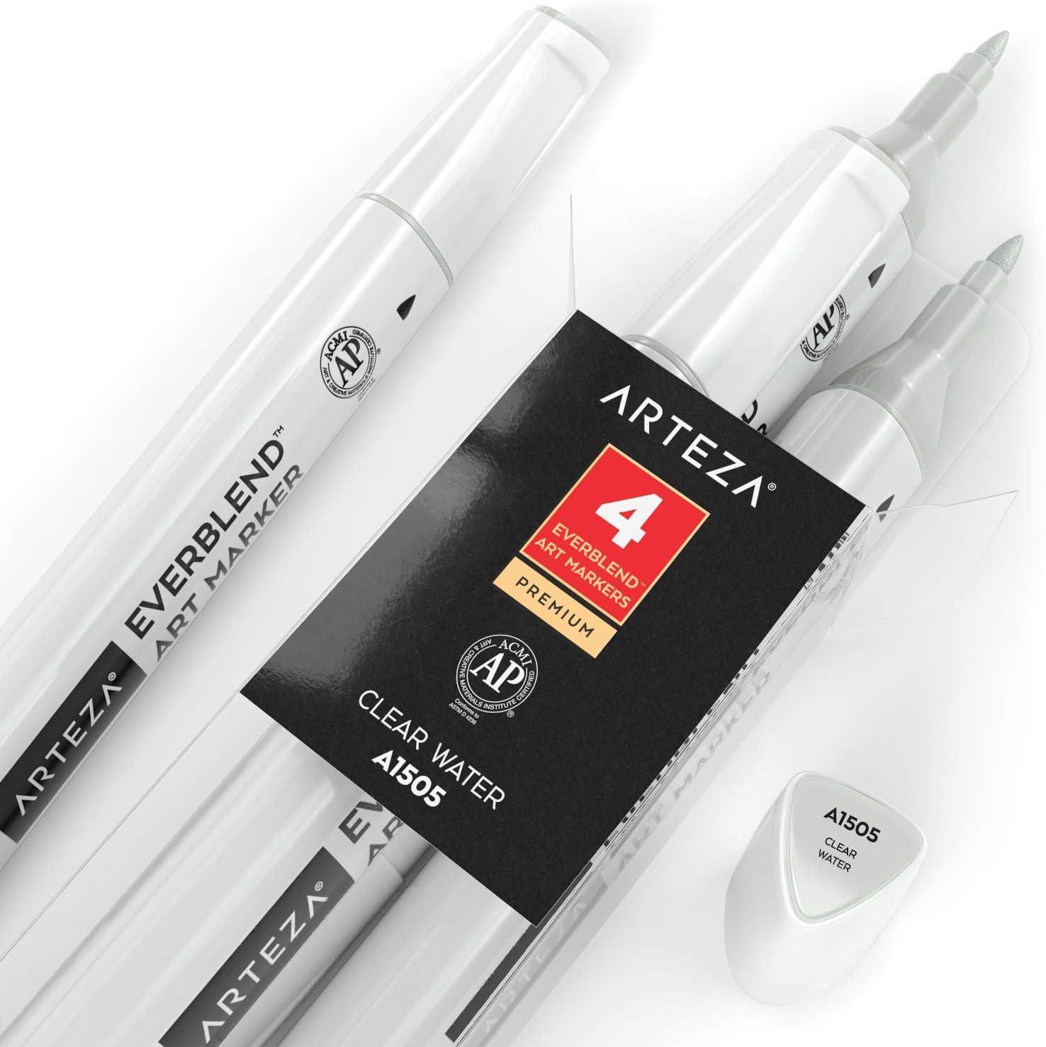 imageArteza EverBlend Art Markers Fluorescent Coral A302 Set of 4 Alcohol Based Sketch Markers with Dual Tips Fine and Broad Chisel for Painting Coloring Sketching and DrawingClear Water A1505 Set of 4