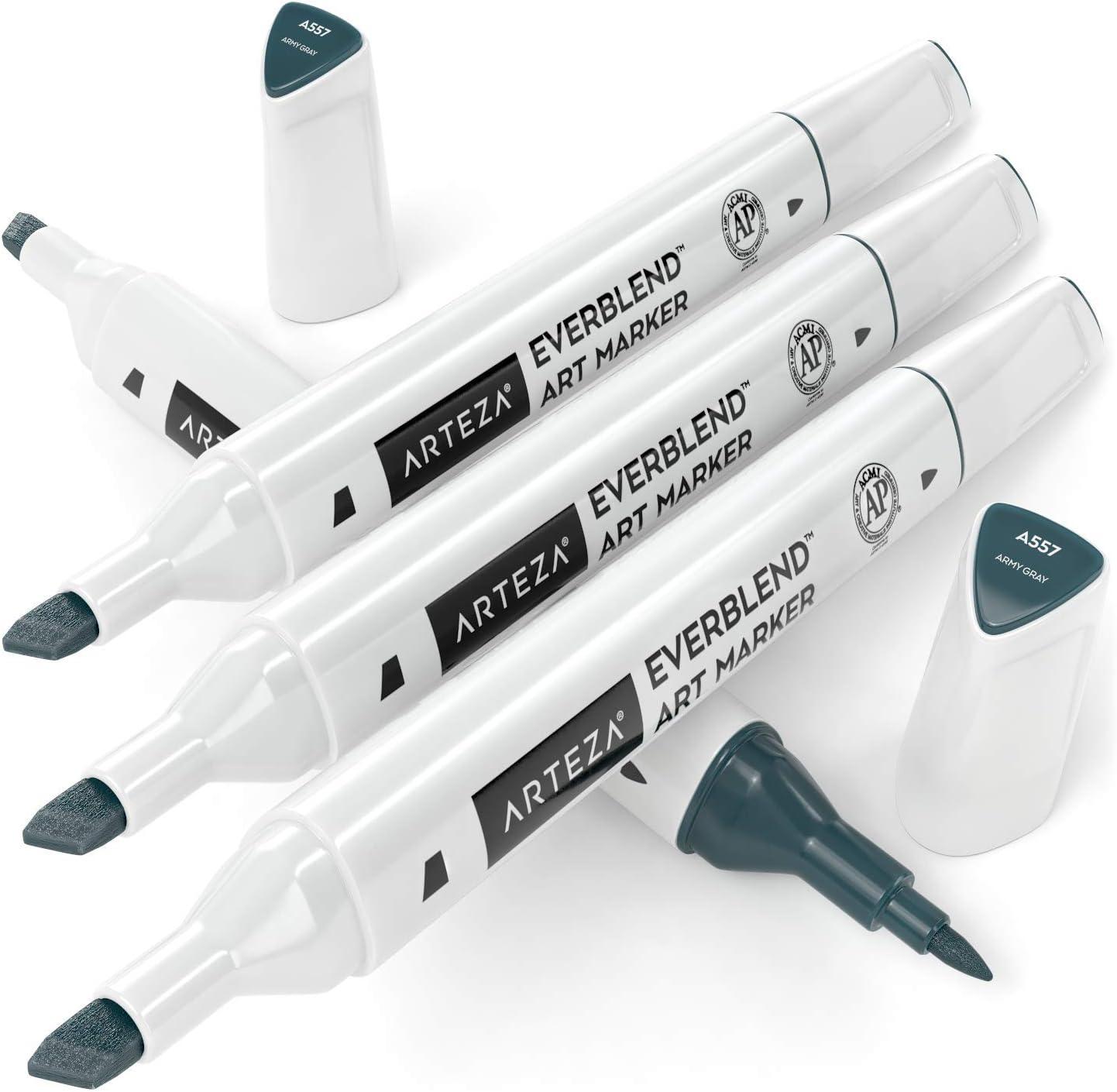 imageArteza EverBlend Art Markers Fluorescent Coral A302 Set of 4 Alcohol Based Sketch Markers with Dual Tips Fine and Broad Chisel for Painting Coloring Sketching and DrawingArmy Gray A557 Set of 4