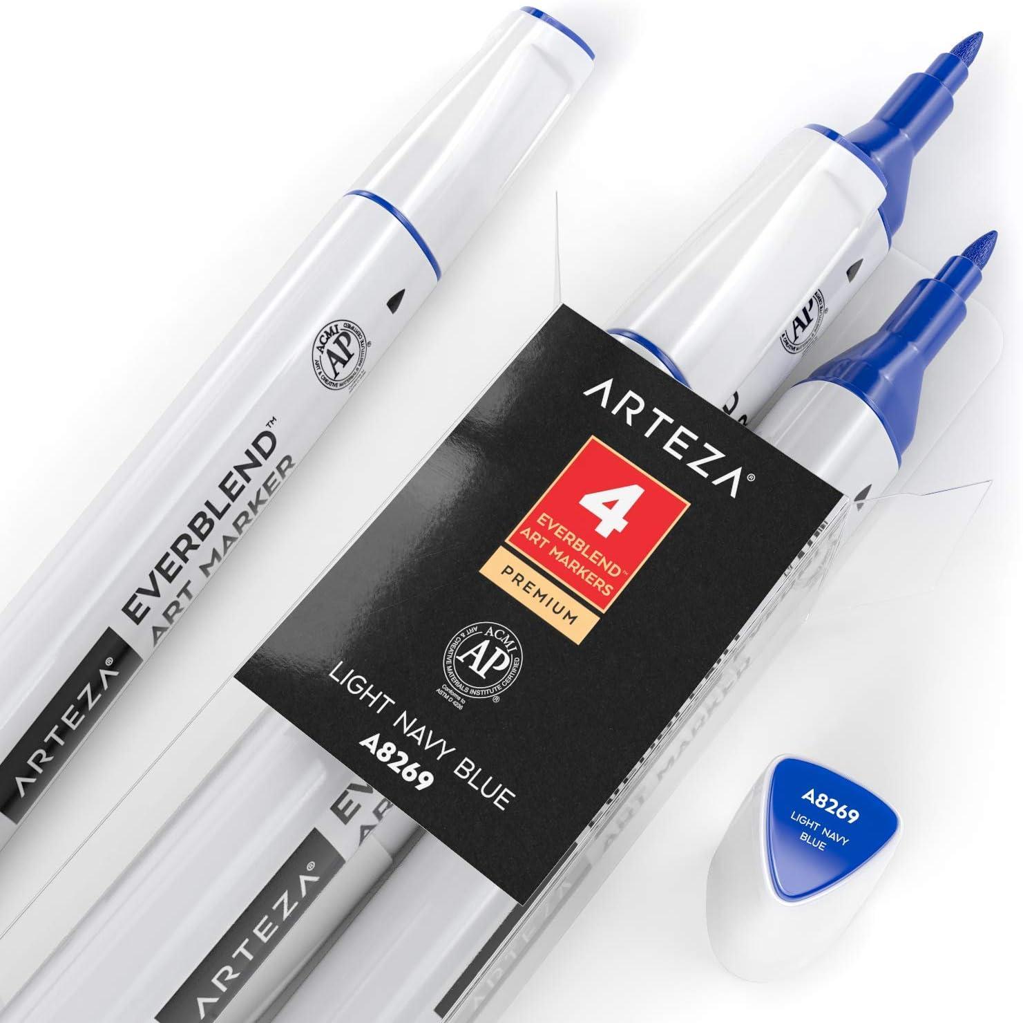 imageArteza EverBlend Art Markers Fluorescent Coral A302 Set of 4 Alcohol Based Sketch Markers with Dual Tips Fine and Broad Chisel for Painting Coloring Sketching and DrawingLight Navy Blue A8269 Set of 4
