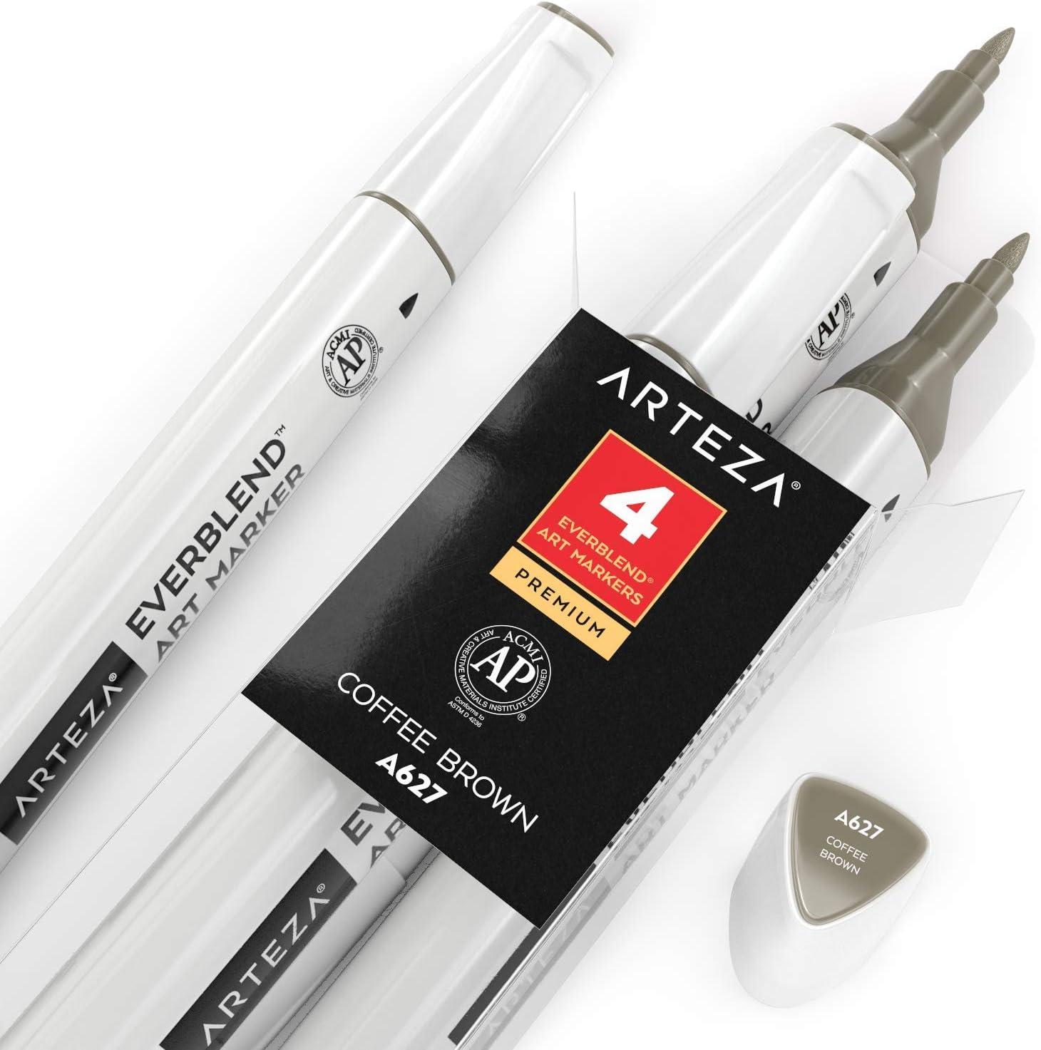 imageArteza EverBlend Art Markers Fluorescent Coral A302 Set of 4 Alcohol Based Sketch Markers with Dual Tips Fine and Broad Chisel for Painting Coloring Sketching and DrawingCoffee Brown A627