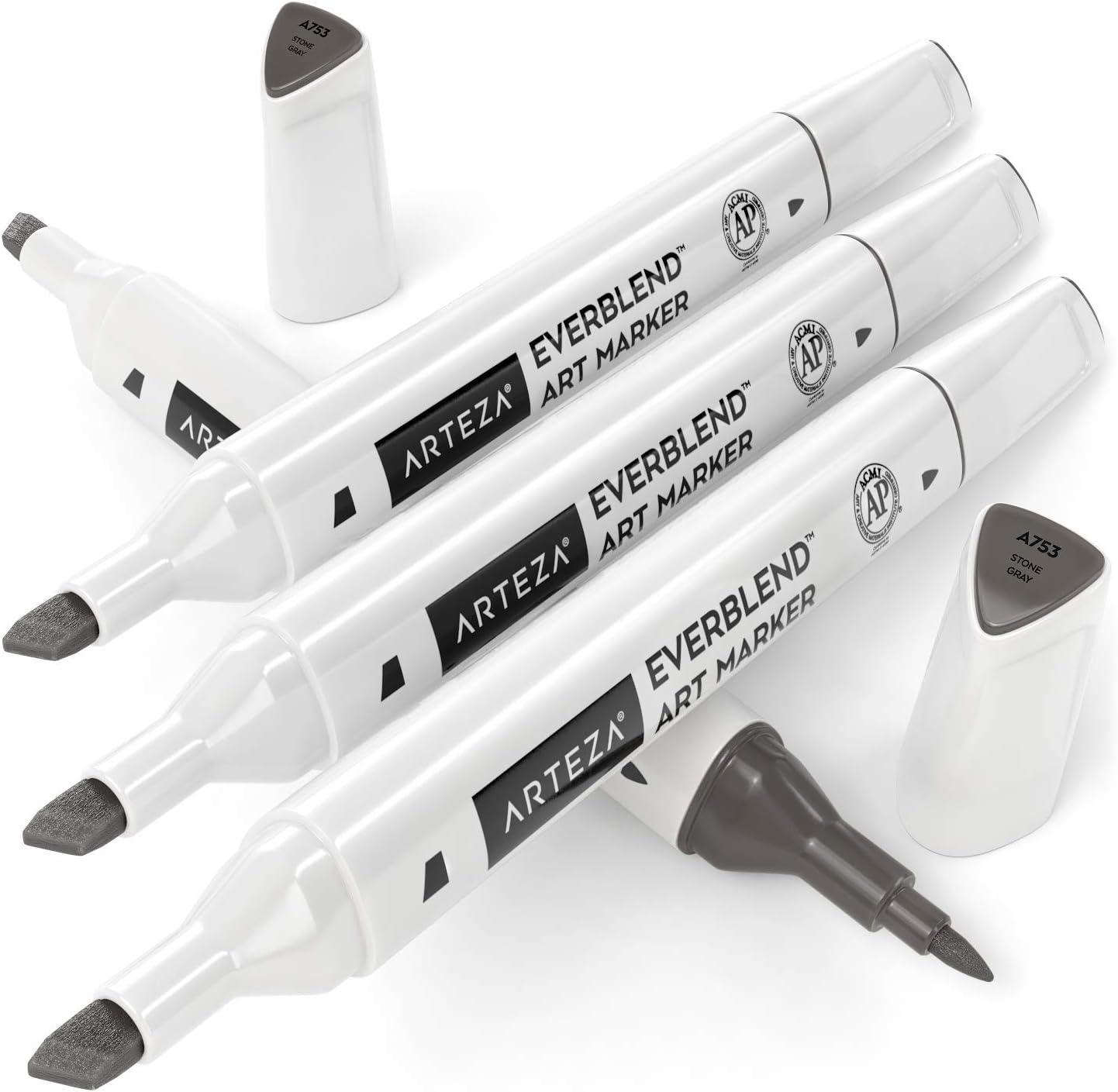 imageArteza EverBlend Art Markers Fluorescent Coral A302 Set of 4 Alcohol Based Sketch Markers with Dual Tips Fine and Broad Chisel for Painting Coloring Sketching and DrawingStone Gray A753 Set of 4
