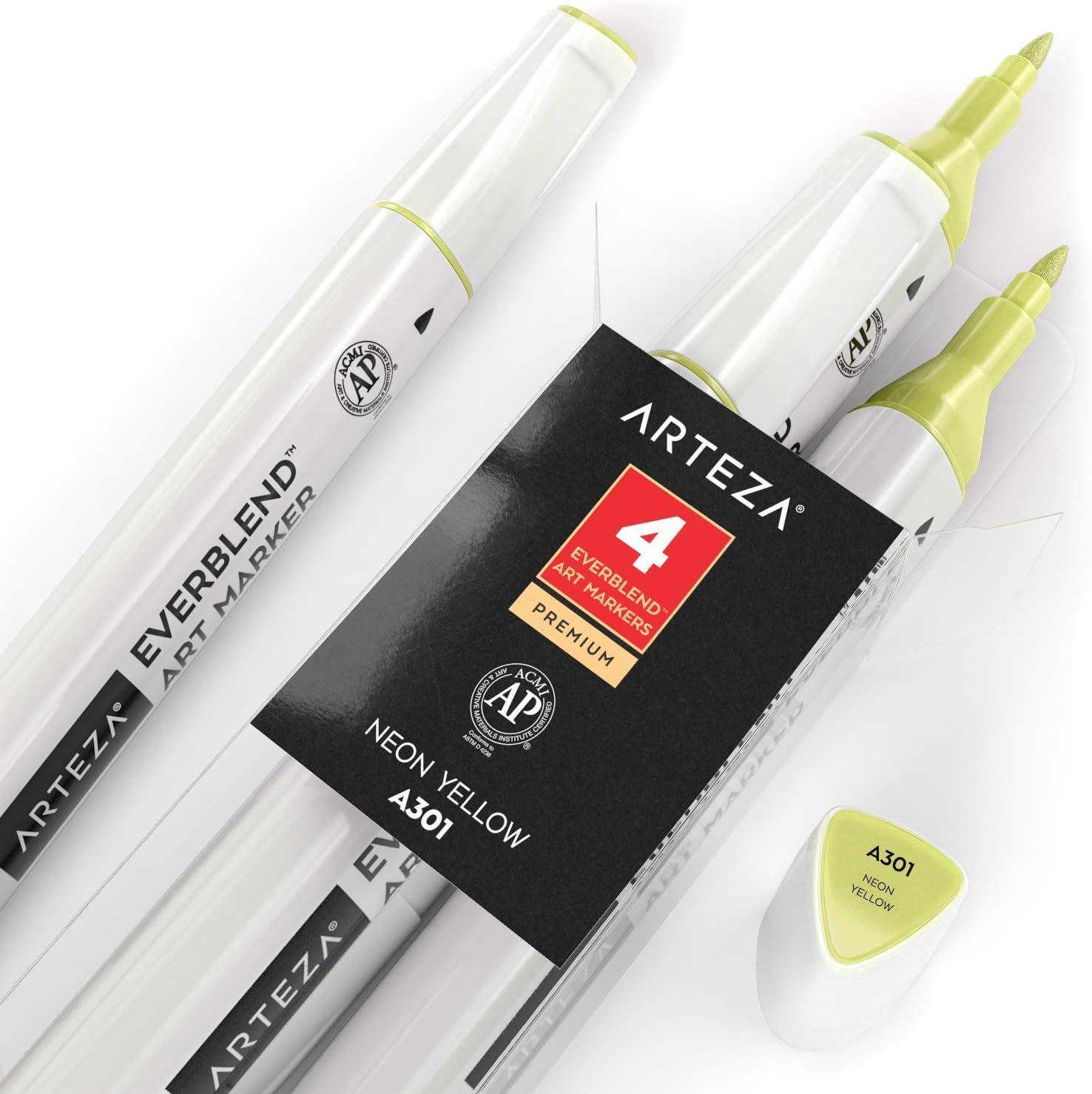 imageArteza EverBlend Art Markers Fluorescent Coral A302 Set of 4 Alcohol Based Sketch Markers with Dual Tips Fine and Broad Chisel for Painting Coloring Sketching and DrawingNeon Yellow A301 Set of 4