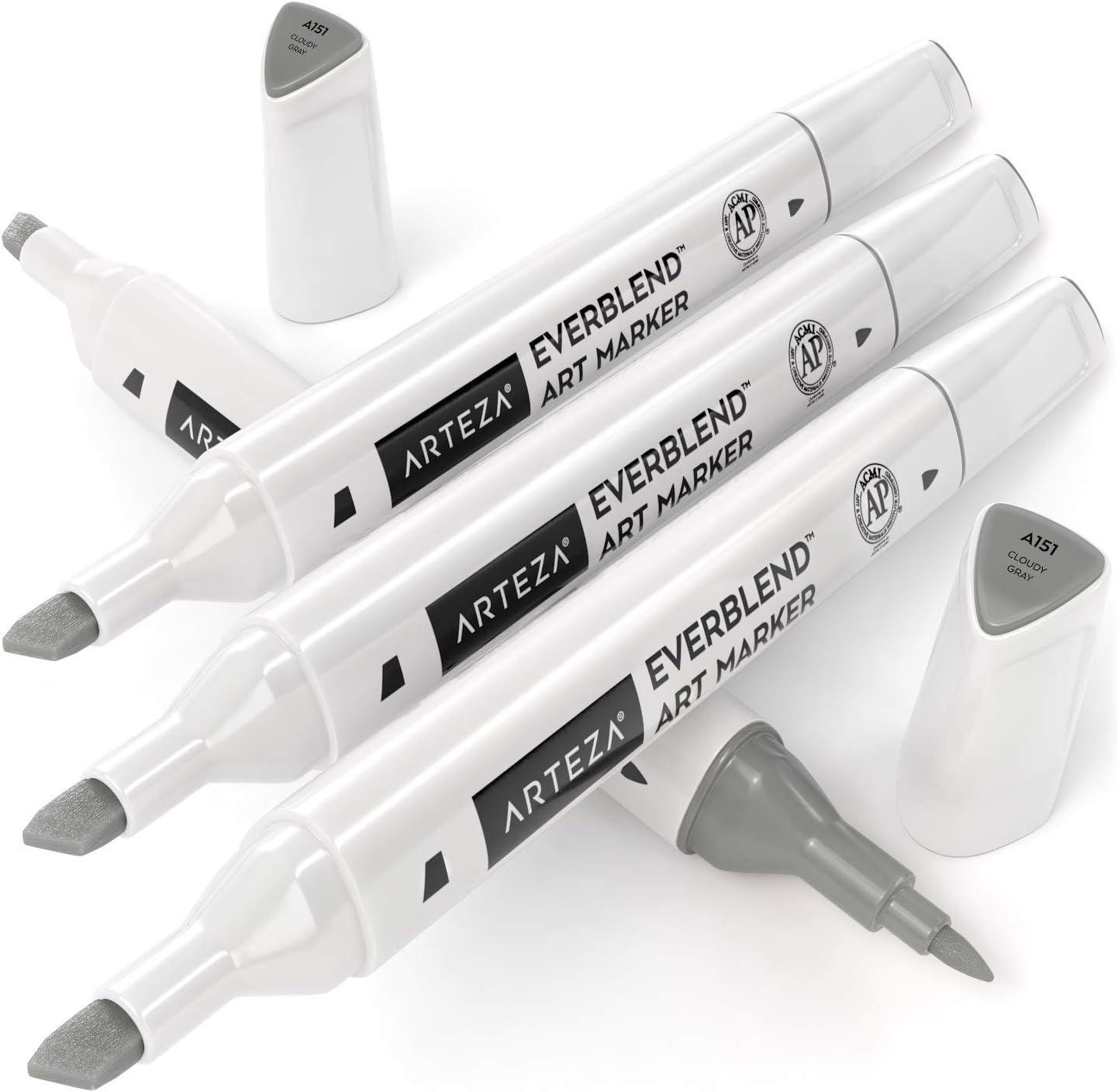 imageArteza EverBlend Art Markers Fluorescent Coral A302 Set of 4 Alcohol Based Sketch Markers with Dual Tips Fine and Broad Chisel for Painting Coloring Sketching and DrawingCloudy Gray A151 Set of 4
