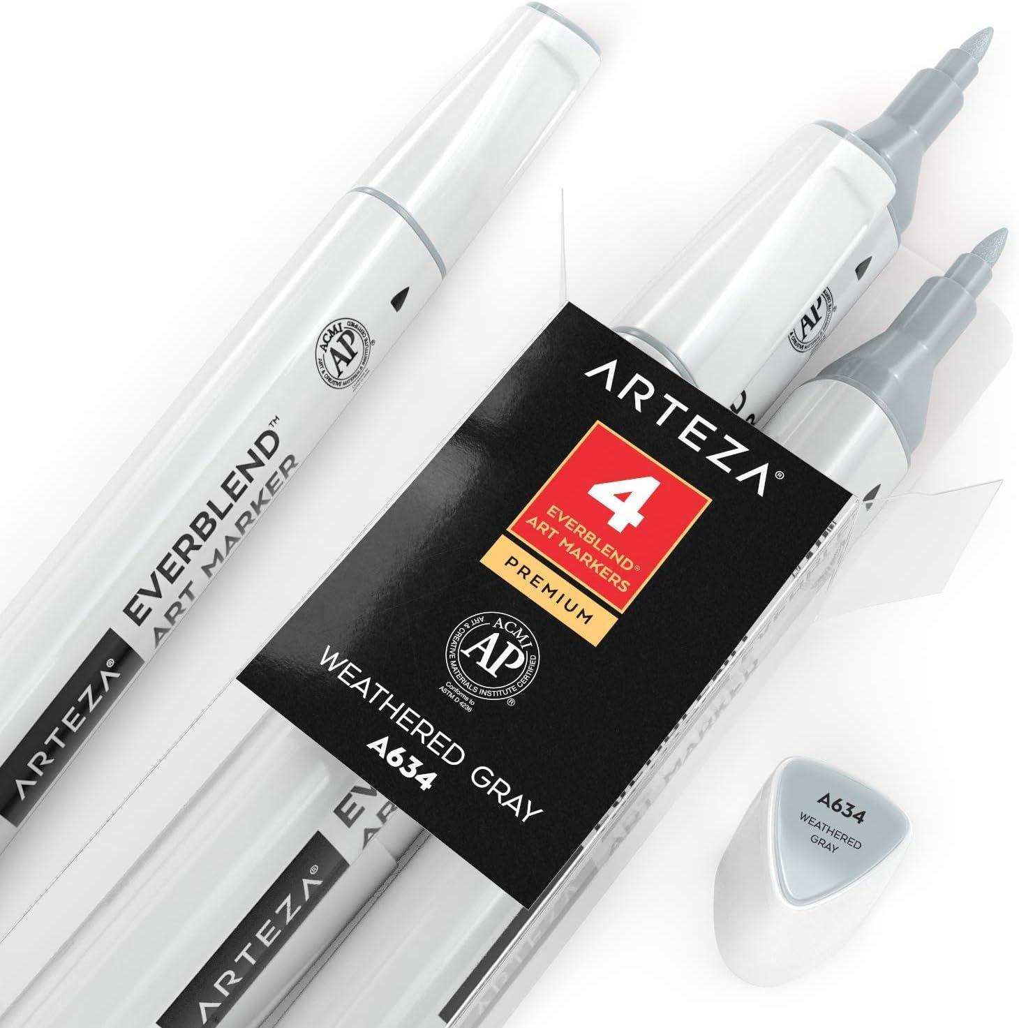 imageArteza EverBlend Art Markers Fluorescent Coral A302 Set of 4 Alcohol Based Sketch Markers with Dual Tips Fine and Broad Chisel for Painting Coloring Sketching and DrawingWeathered Gray A634