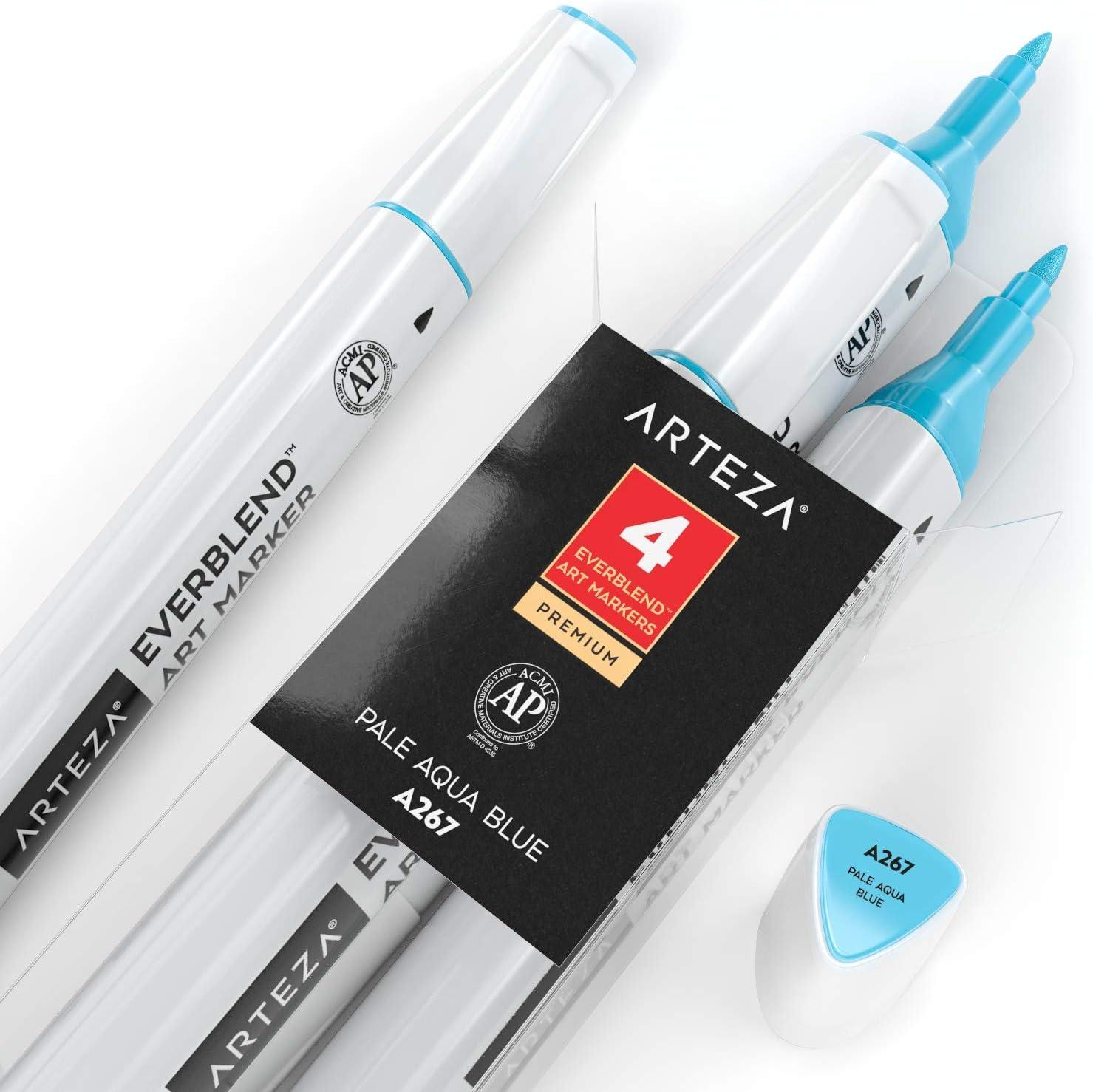 imageArteza EverBlend Art Markers Fluorescent Coral A302 Set of 4 Alcohol Based Sketch Markers with Dual Tips Fine and Broad Chisel for Painting Coloring Sketching and DrawingPale Aqua Blue A267 Set of 4