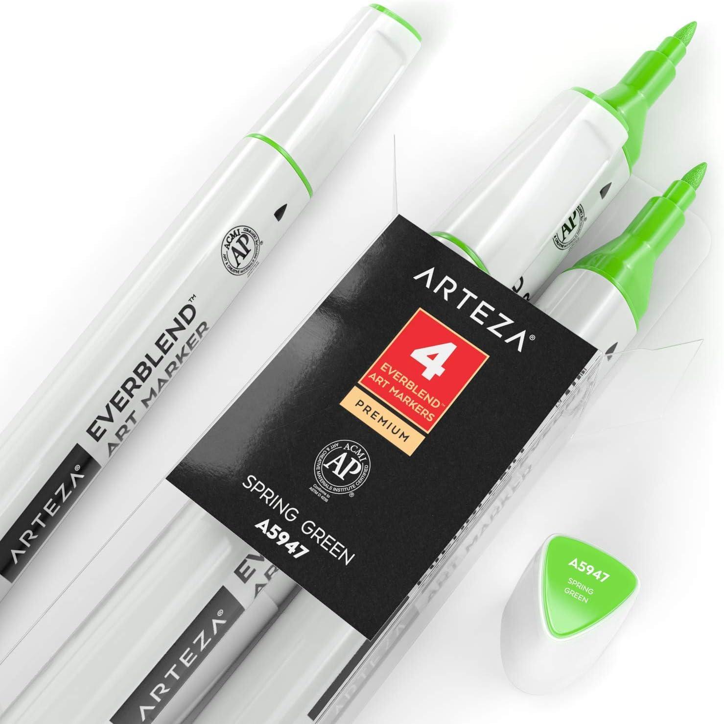 imageArteza EverBlend Art Markers Fluorescent Coral A302 Set of 4 Alcohol Based Sketch Markers with Dual Tips Fine and Broad Chisel for Painting Coloring Sketching and DrawingSpring Green A5947 Set of 4