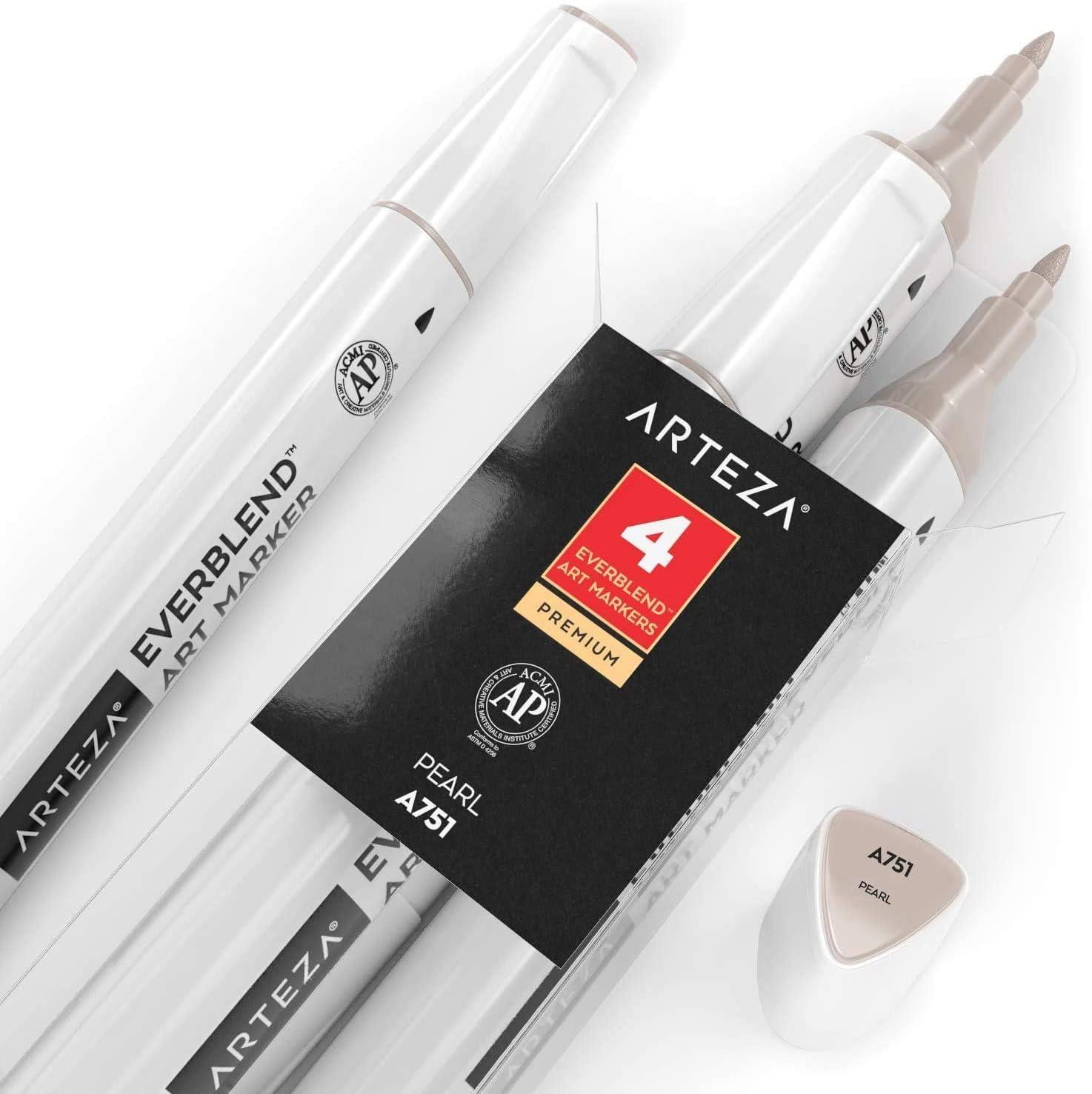 imageArteza EverBlend Art Markers Fluorescent Coral A302 Set of 4 Alcohol Based Sketch Markers with Dual Tips Fine and Broad Chisel for Painting Coloring Sketching and DrawingPearl A751 Set of 4