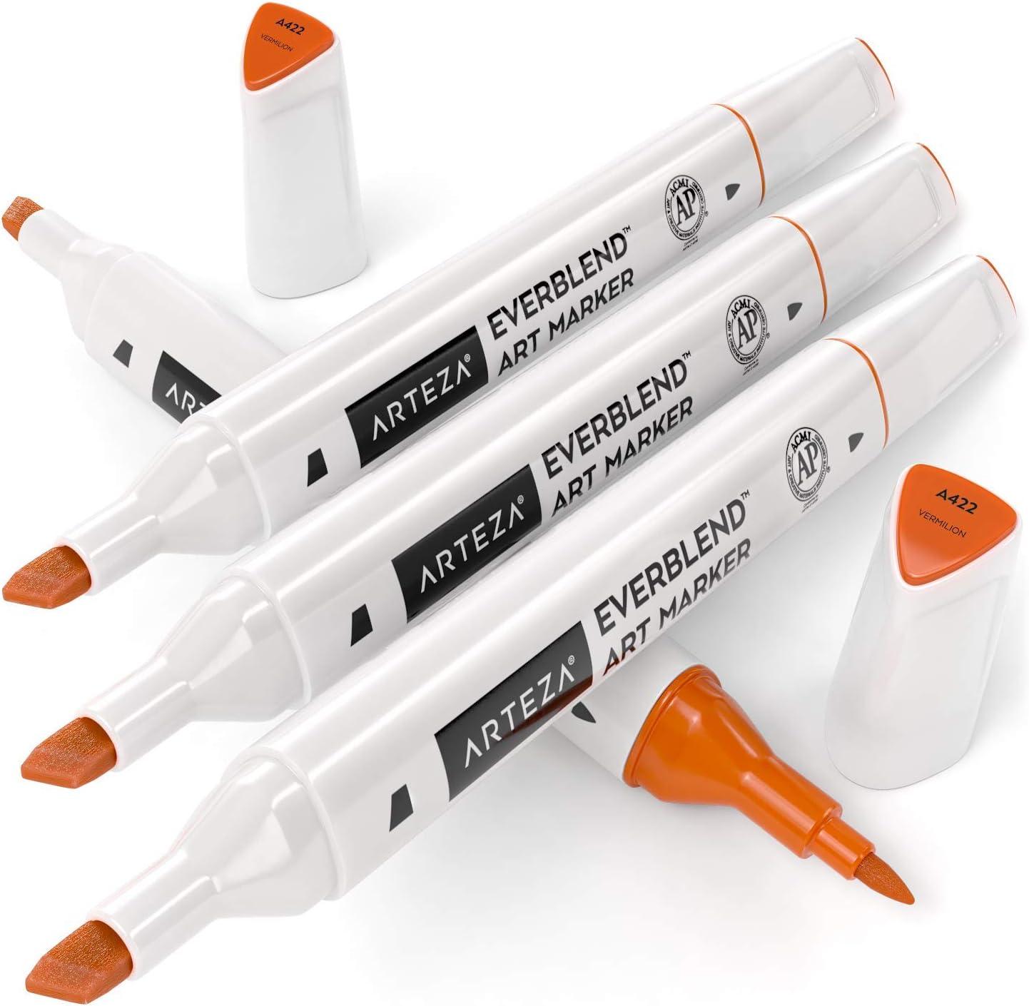 imageArteza EverBlend Art Markers Fluorescent Coral A302 Set of 4 Alcohol Based Sketch Markers with Dual Tips Fine and Broad Chisel for Painting Coloring Sketching and DrawingVermilion A422 Set of 4