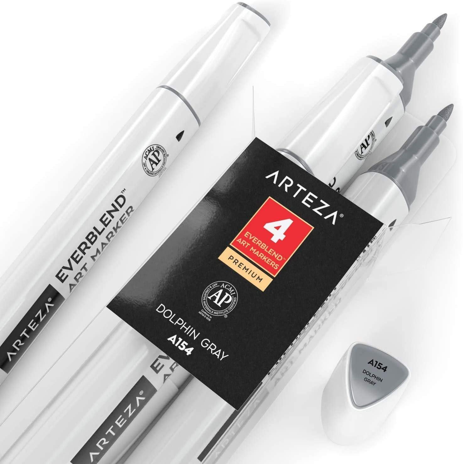 imageArteza EverBlend Art Markers Fluorescent Coral A302 Set of 4 Alcohol Based Sketch Markers with Dual Tips Fine and Broad Chisel for Painting Coloring Sketching and DrawingDolphin Gray A154 Set of 4