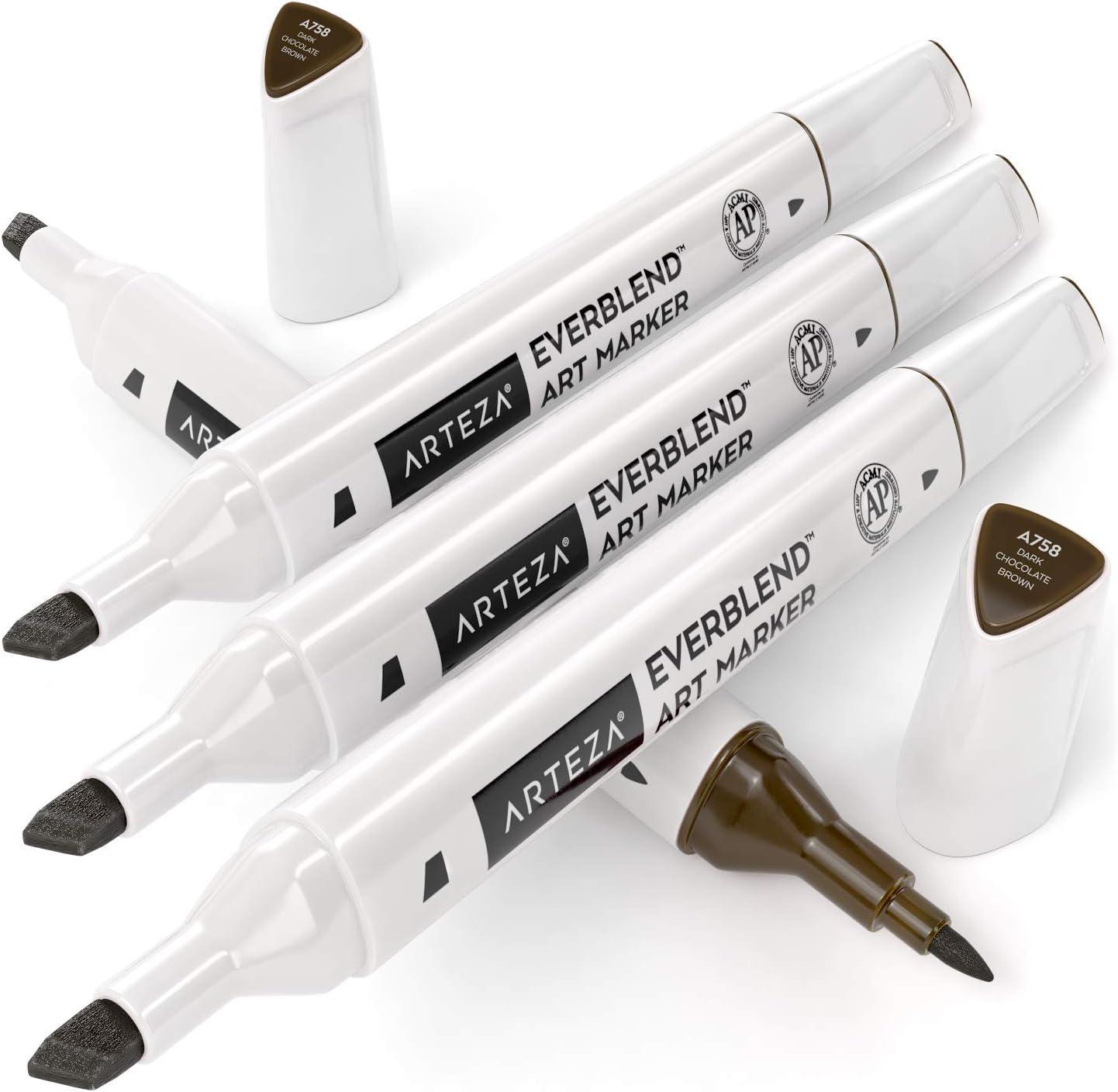 imageArteza EverBlend Art Markers Fluorescent Coral A302 Set of 4 Alcohol Based Sketch Markers with Dual Tips Fine and Broad Chisel for Painting Coloring Sketching and DrawingDark Chocolate Brown A758 Set of 4