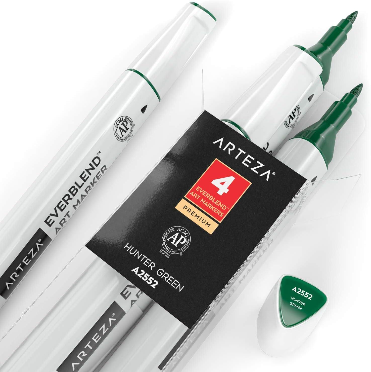 imageArteza EverBlend Art Markers Fluorescent Coral A302 Set of 4 Alcohol Based Sketch Markers with Dual Tips Fine and Broad Chisel for Painting Coloring Sketching and DrawingHunter Green A2552 Set of 4