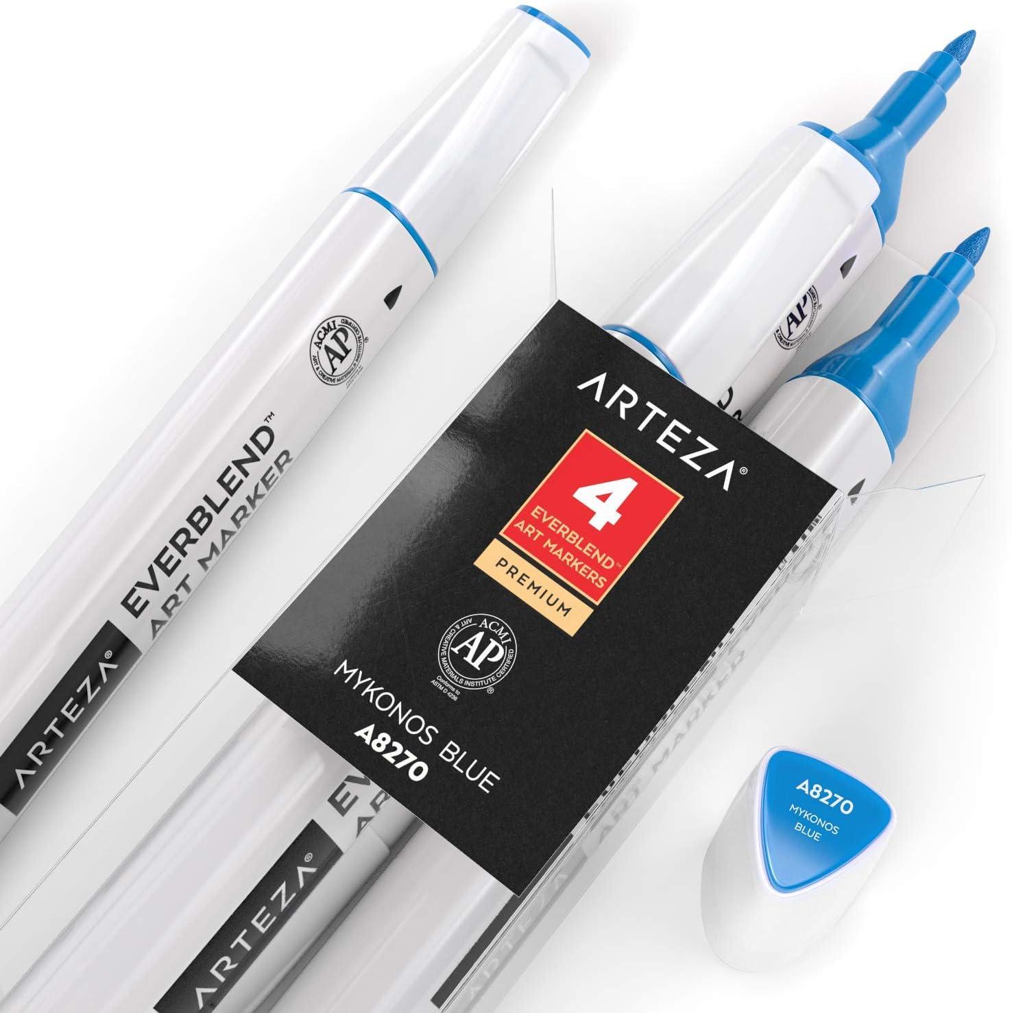 imageArteza EverBlend Art Markers Fluorescent Coral A302 Set of 4 Alcohol Based Sketch Markers with Dual Tips Fine and Broad Chisel for Painting Coloring Sketching and DrawingMykonos Blue A8270 Set of 4