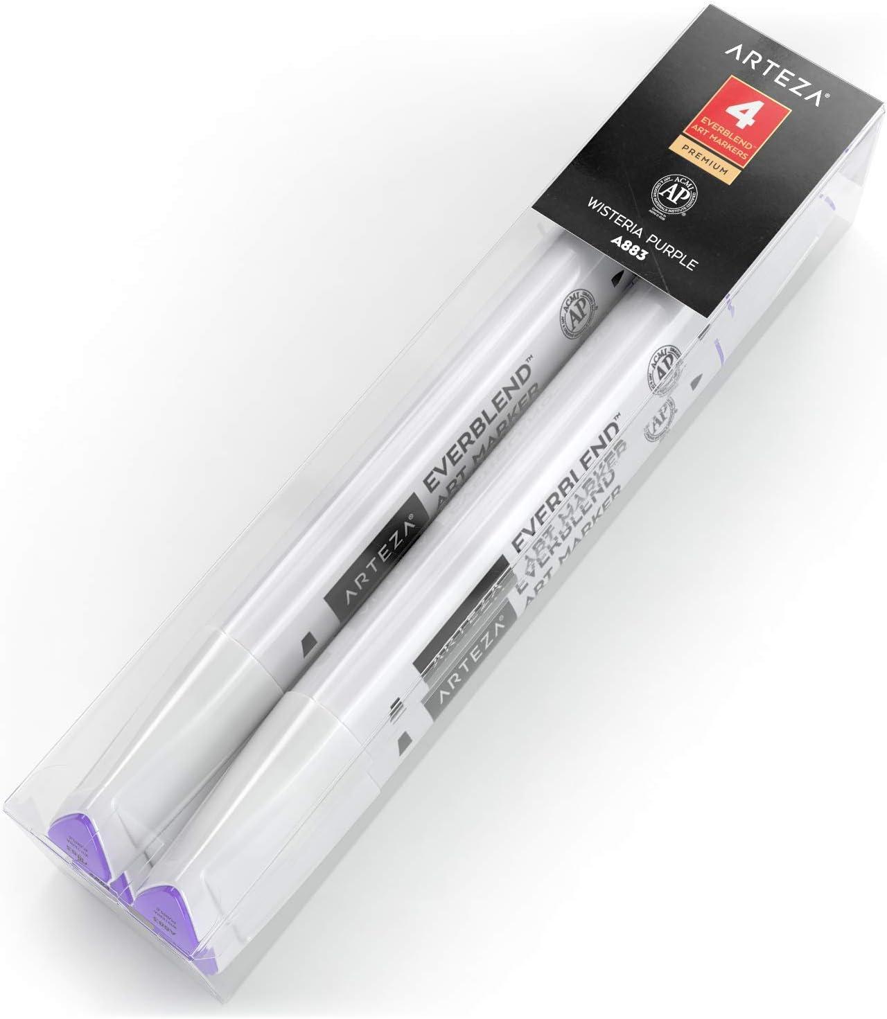 imageArteza EverBlend Art Markers Fluorescent Coral A302 Set of 4 Alcohol Based Sketch Markers with Dual Tips Fine and Broad Chisel for Painting Coloring Sketching and DrawingWisteria Purple A883 Set of 4