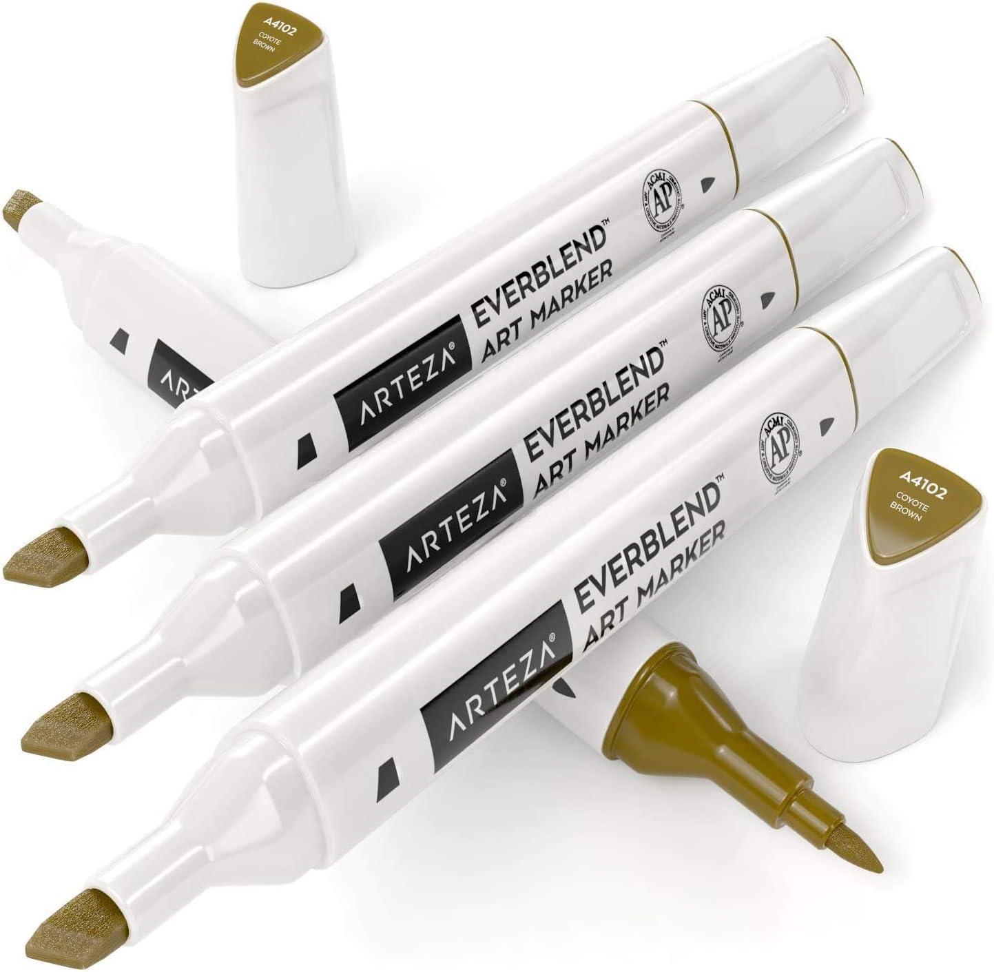 imageArteza EverBlend Art Markers Fluorescent Coral A302 Set of 4 Alcohol Based Sketch Markers with Dual Tips Fine and Broad Chisel for Painting Coloring Sketching and DrawingCoyote Brown A4102 Set of 4