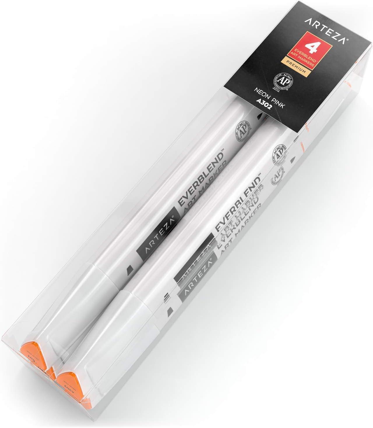 imageArteza EverBlend Art Markers Fluorescent Coral A302 Set of 4 Alcohol Based Sketch Markers with Dual Tips Fine and Broad Chisel for Painting Coloring Sketching and DrawingFluorescent Coral A302 Set of 4