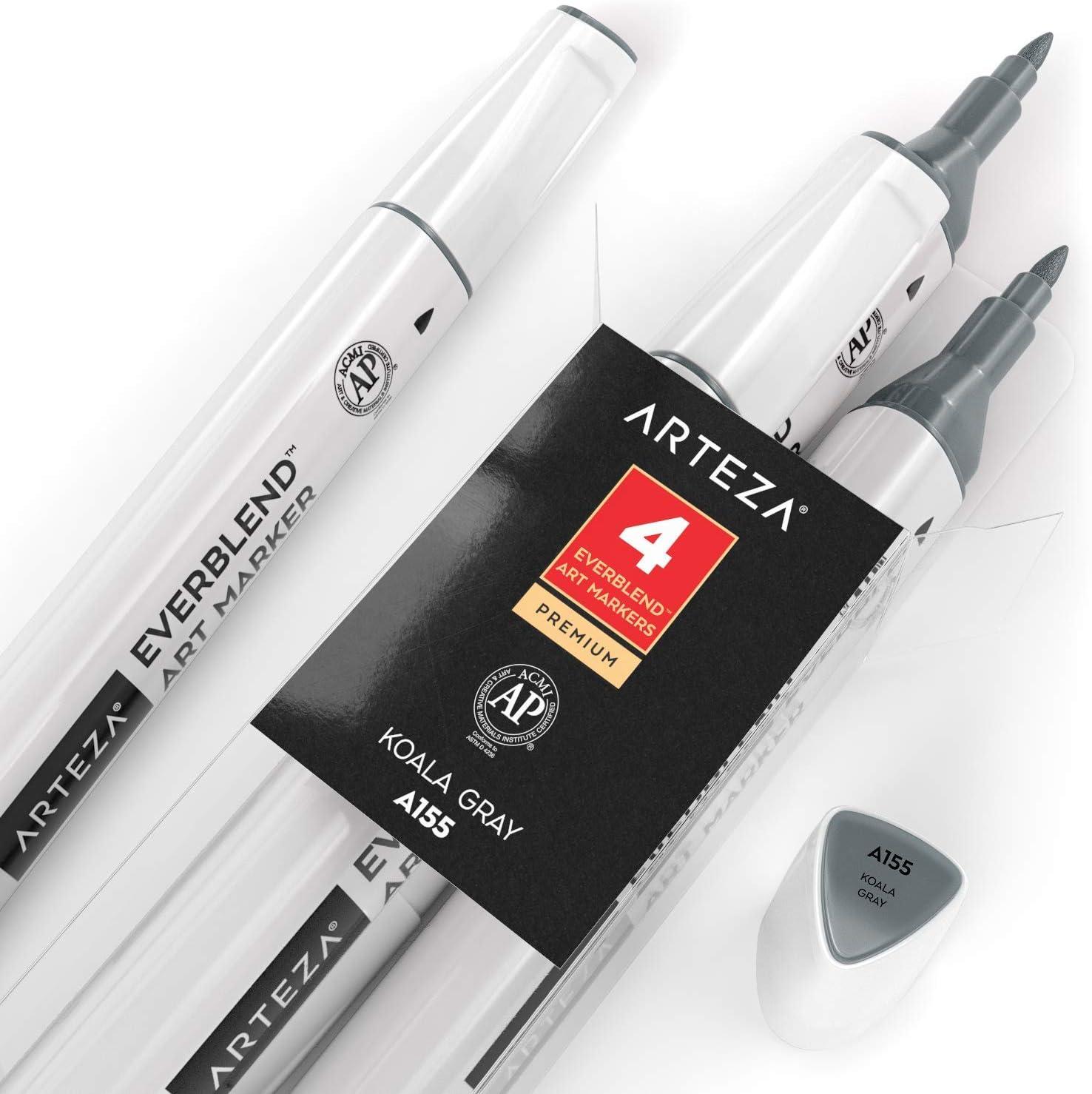 imageArteza EverBlend Art Markers Fluorescent Coral A302 Set of 4 Alcohol Based Sketch Markers with Dual Tips Fine and Broad Chisel for Painting Coloring Sketching and DrawingKoala Gray A155 Set of 4