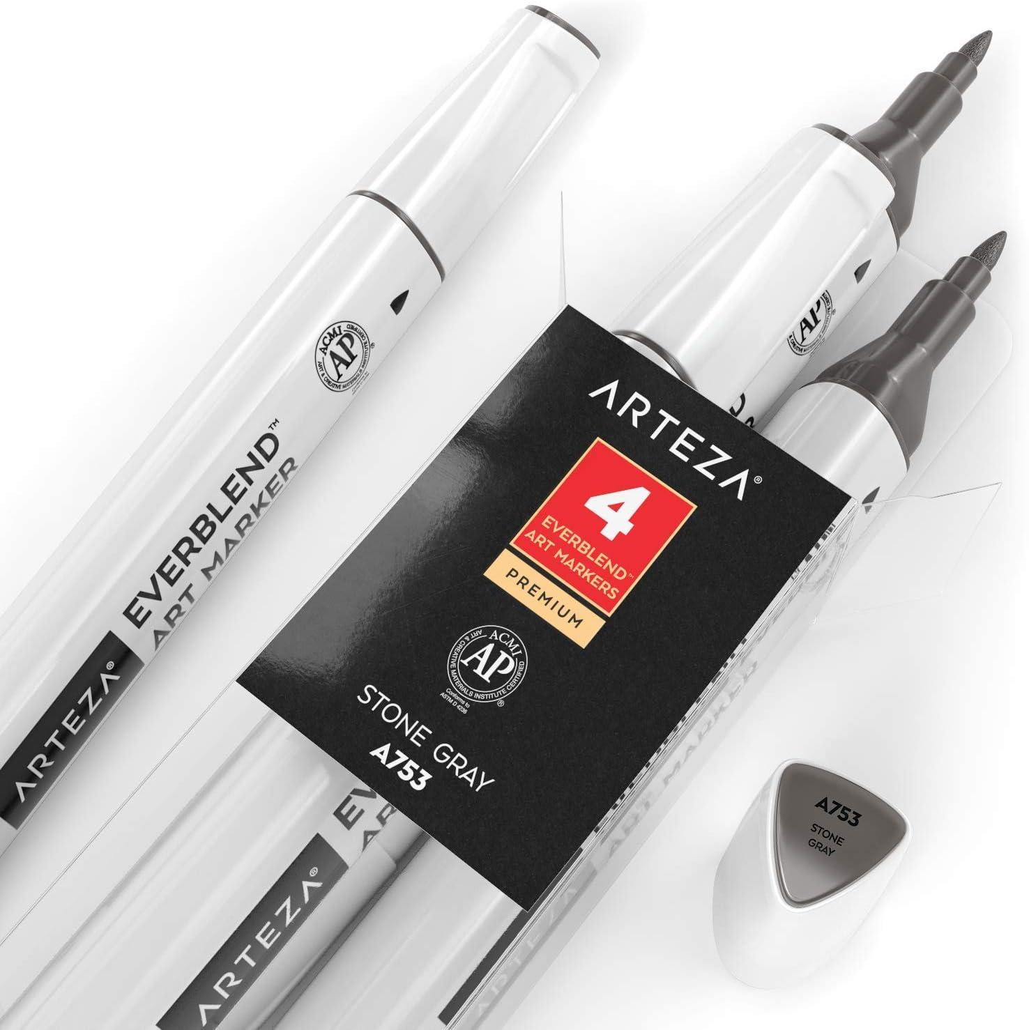 imageArteza EverBlend Art Markers Fluorescent Coral A302 Set of 4 Alcohol Based Sketch Markers with Dual Tips Fine and Broad Chisel for Painting Coloring Sketching and DrawingStone Gray A753 Set of 4