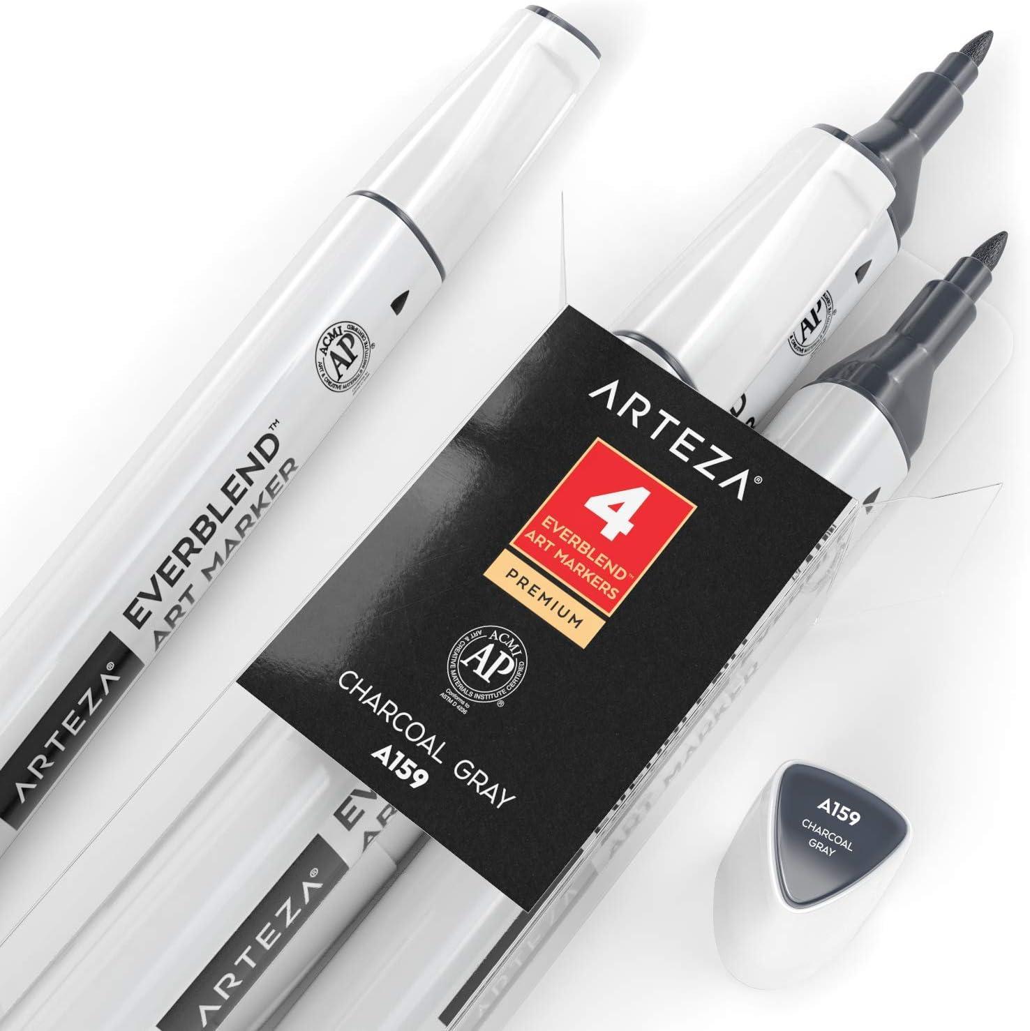 imageArteza EverBlend Art Markers Fluorescent Coral A302 Set of 4 Alcohol Based Sketch Markers with Dual Tips Fine and Broad Chisel for Painting Coloring Sketching and DrawingCharcoal Gray A159 Set of 4