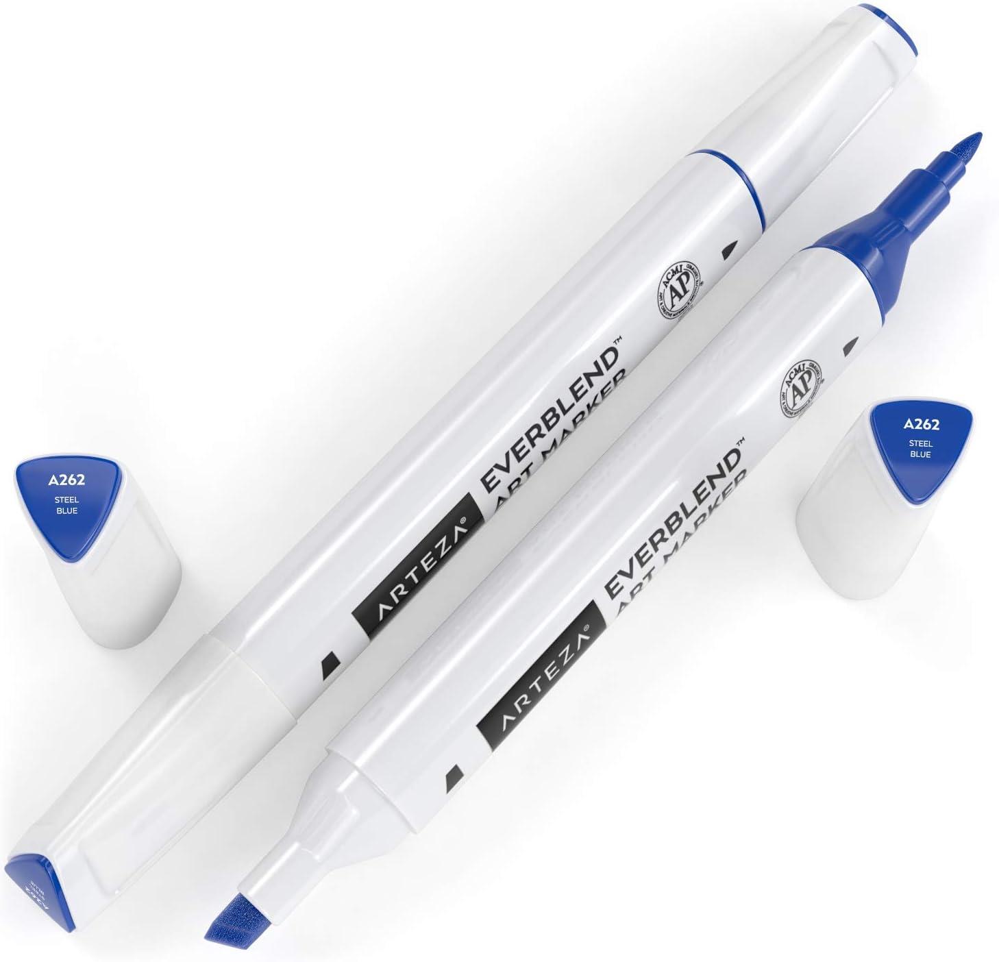 imageArteza EverBlend Art Markers Fluorescent Coral A302 Set of 4 Alcohol Based Sketch Markers with Dual Tips Fine and Broad Chisel for Painting Coloring Sketching and DrawingSteel Blue A262 Set of 4