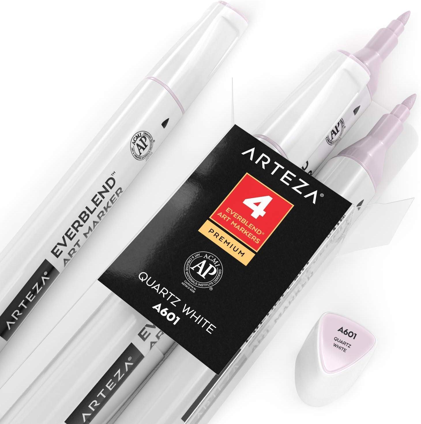 imageArteza EverBlend Art Markers Fluorescent Coral A302 Set of 4 Alcohol Based Sketch Markers with Dual Tips Fine and Broad Chisel for Painting Coloring Sketching and DrawingQuartz White A601