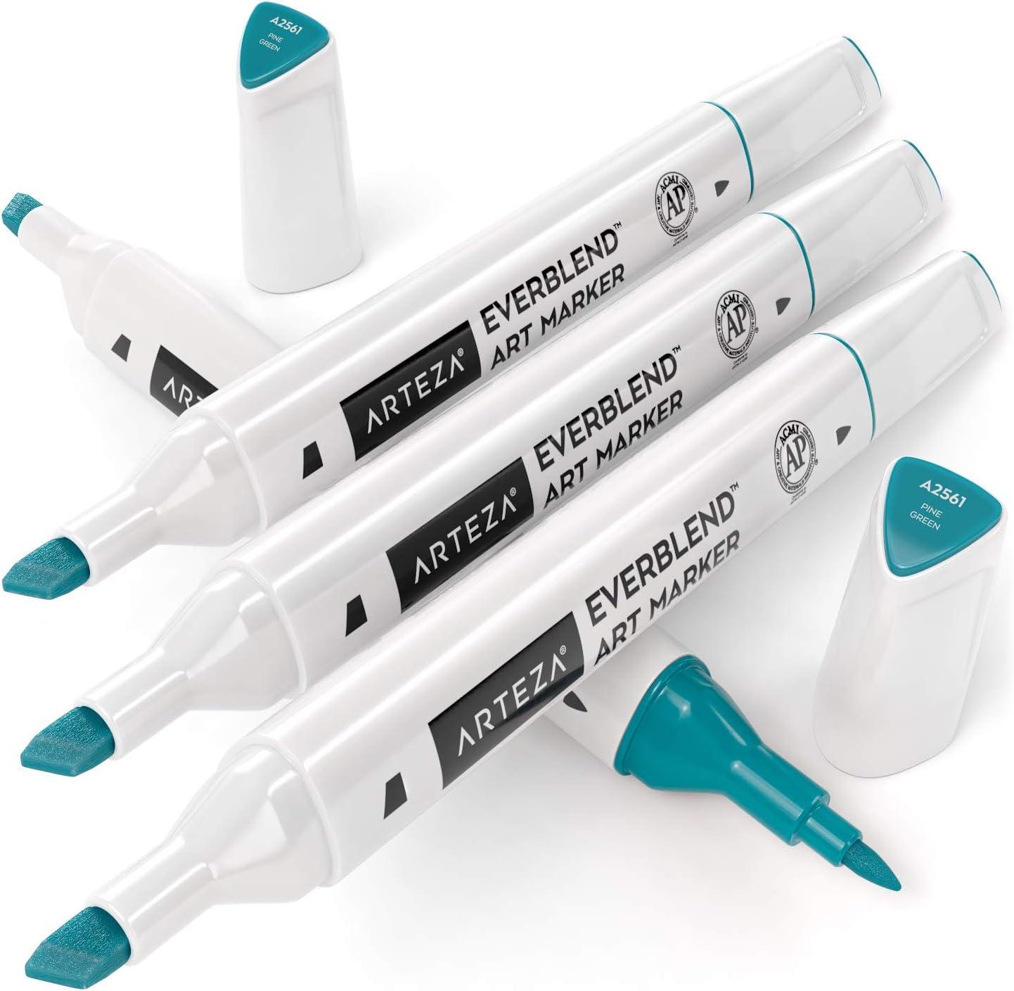 imageArteza EverBlend Art Markers Fluorescent Coral A302 Set of 4 Alcohol Based Sketch Markers with Dual Tips Fine and Broad Chisel for Painting Coloring Sketching and DrawingPine Green A2561 Set of 4