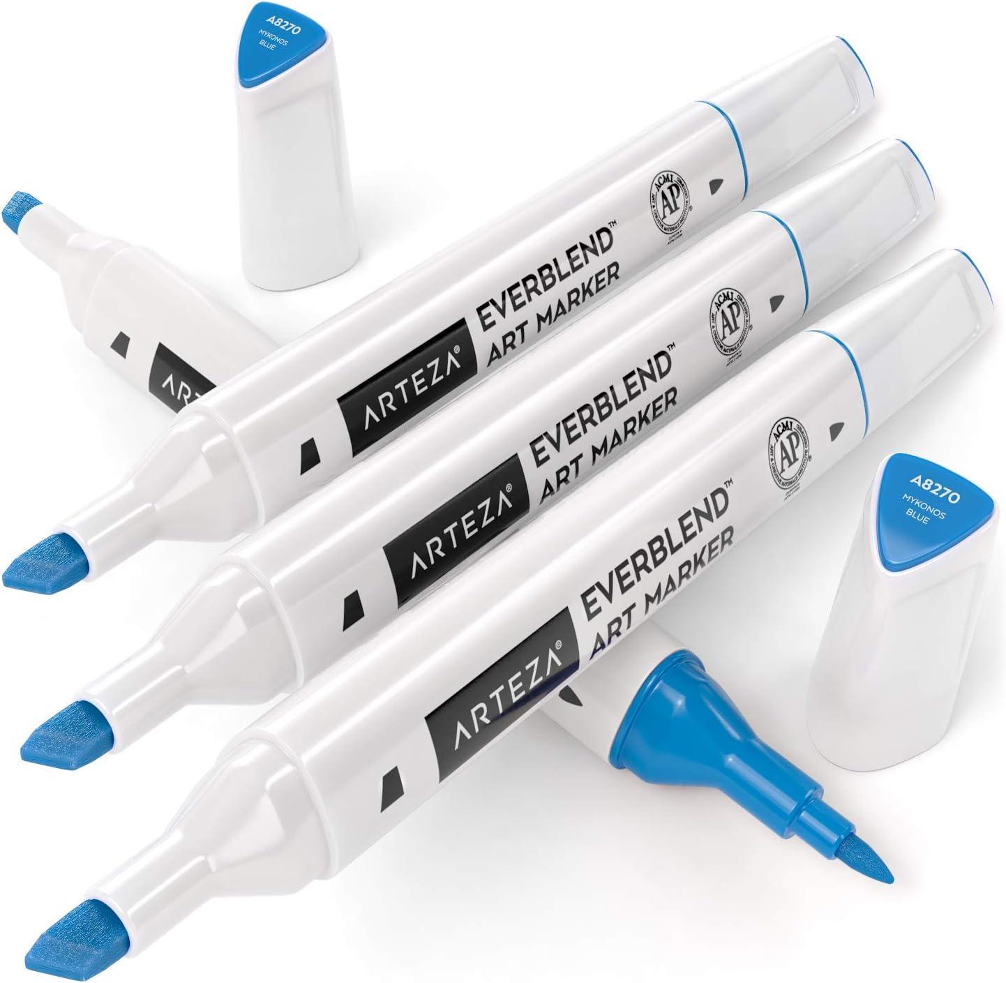 imageArteza EverBlend Art Markers Fluorescent Coral A302 Set of 4 Alcohol Based Sketch Markers with Dual Tips Fine and Broad Chisel for Painting Coloring Sketching and DrawingMykonos Blue A8270 Set of 4