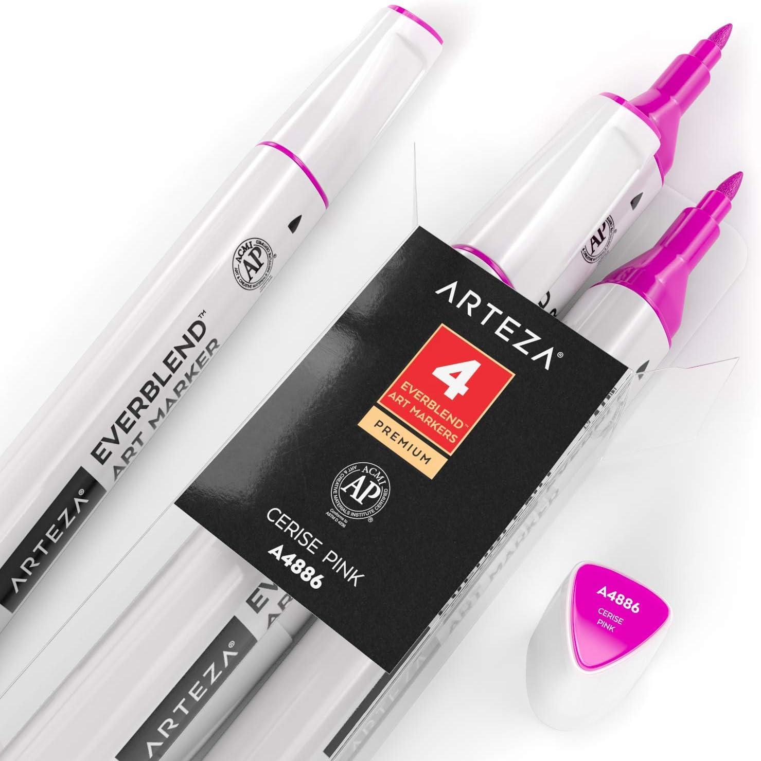 imageArteza EverBlend Art Markers Fluorescent Coral A302 Set of 4 Alcohol Based Sketch Markers with Dual Tips Fine and Broad Chisel for Painting Coloring Sketching and DrawingCerise Pink A4886 Set of 4