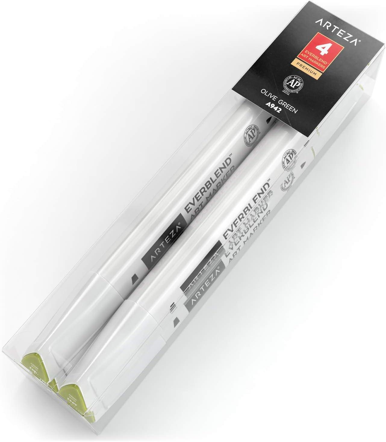 imageArteza EverBlend Art Markers Fluorescent Coral A302 Set of 4 Alcohol Based Sketch Markers with Dual Tips Fine and Broad Chisel for Painting Coloring Sketching and DrawingOlive Green A942 Set of 4