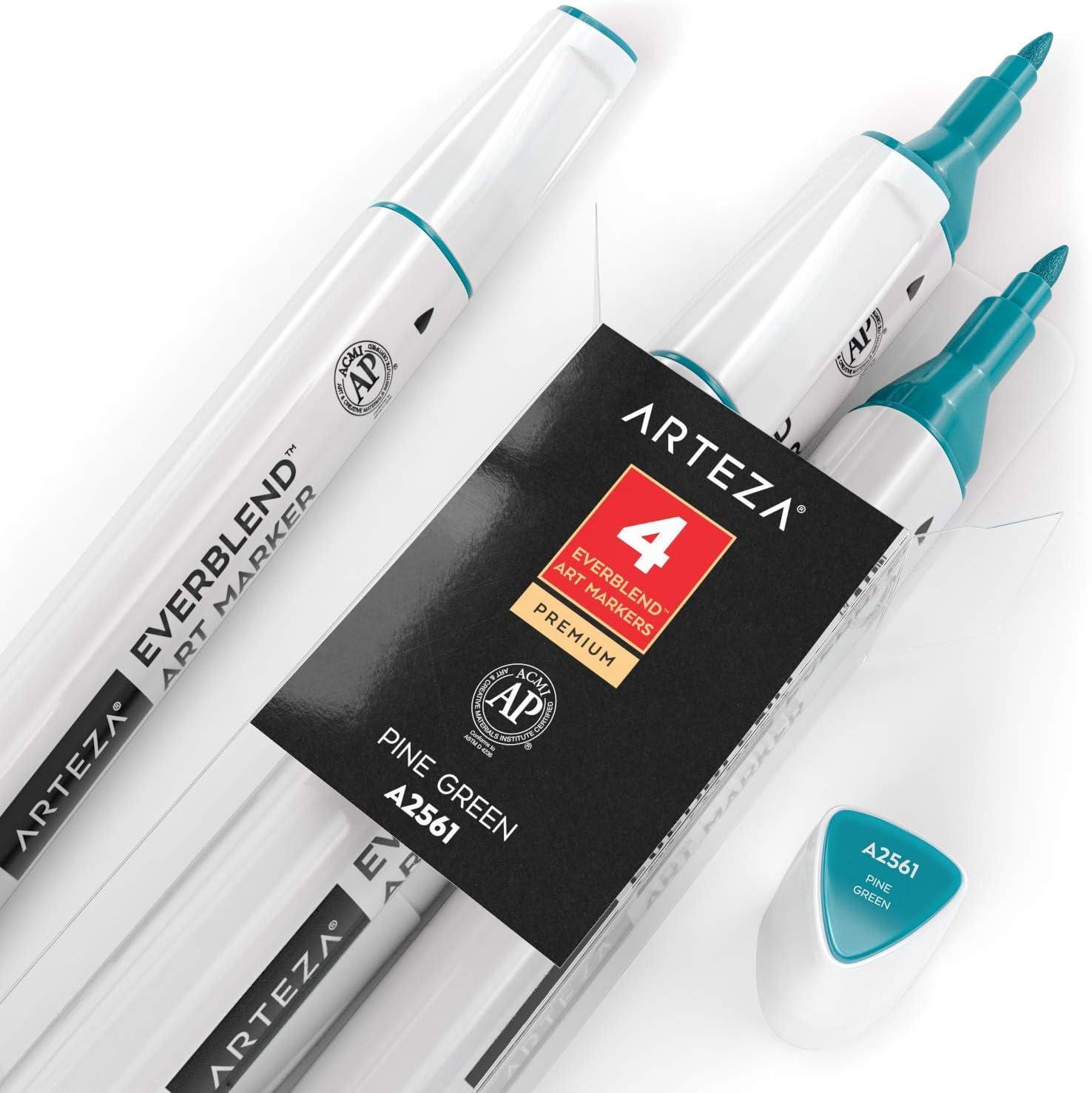 imageArteza EverBlend Art Markers Fluorescent Coral A302 Set of 4 Alcohol Based Sketch Markers with Dual Tips Fine and Broad Chisel for Painting Coloring Sketching and DrawingPine Green A2561 Set of 4