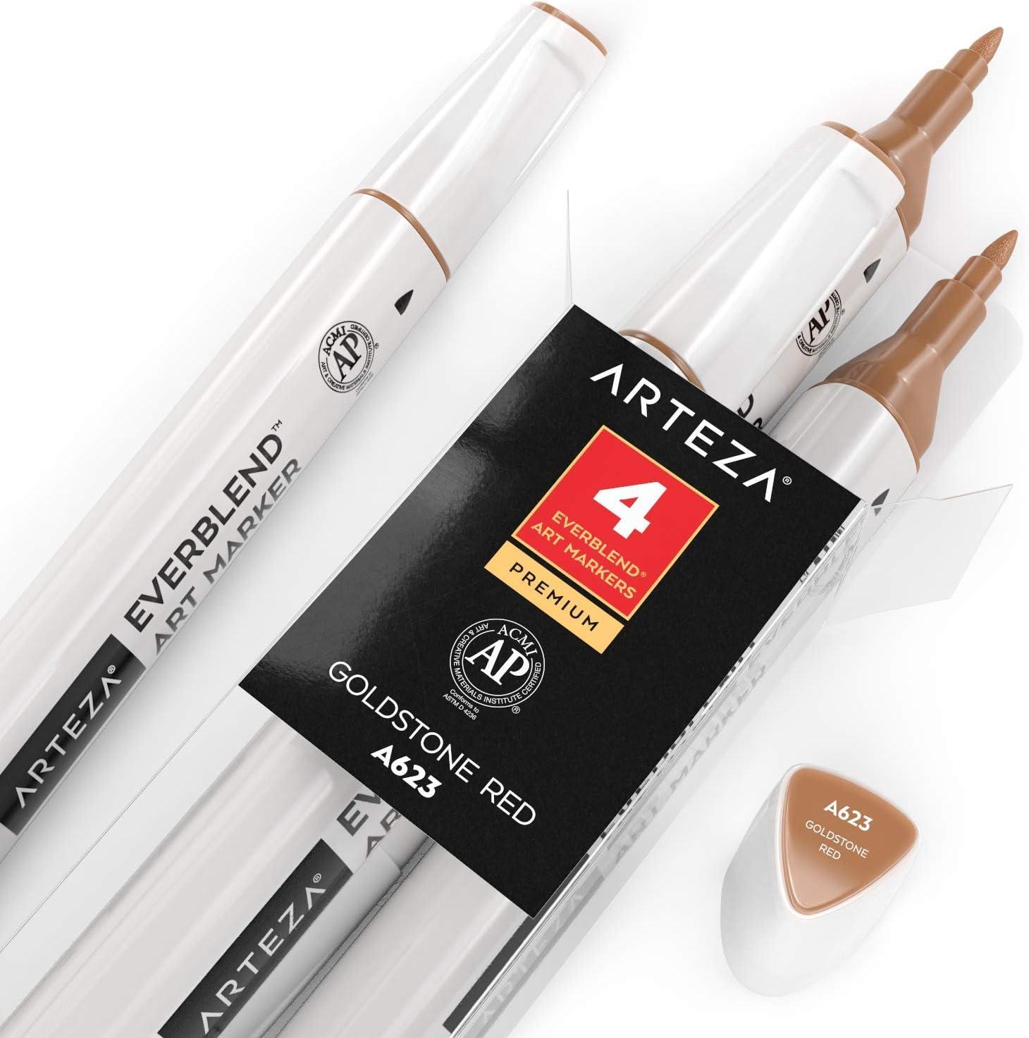 imageArteza EverBlend Art Markers Fluorescent Coral A302 Set of 4 Alcohol Based Sketch Markers with Dual Tips Fine and Broad Chisel for Painting Coloring Sketching and DrawingGoldstone Red A623