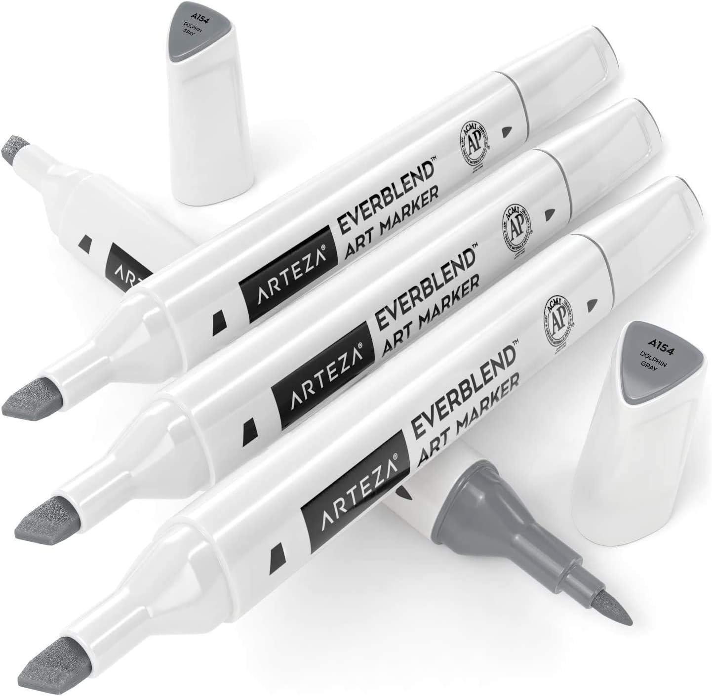 imageArteza EverBlend Art Markers Fluorescent Coral A302 Set of 4 Alcohol Based Sketch Markers with Dual Tips Fine and Broad Chisel for Painting Coloring Sketching and DrawingDolphin Gray A154 Set of 4