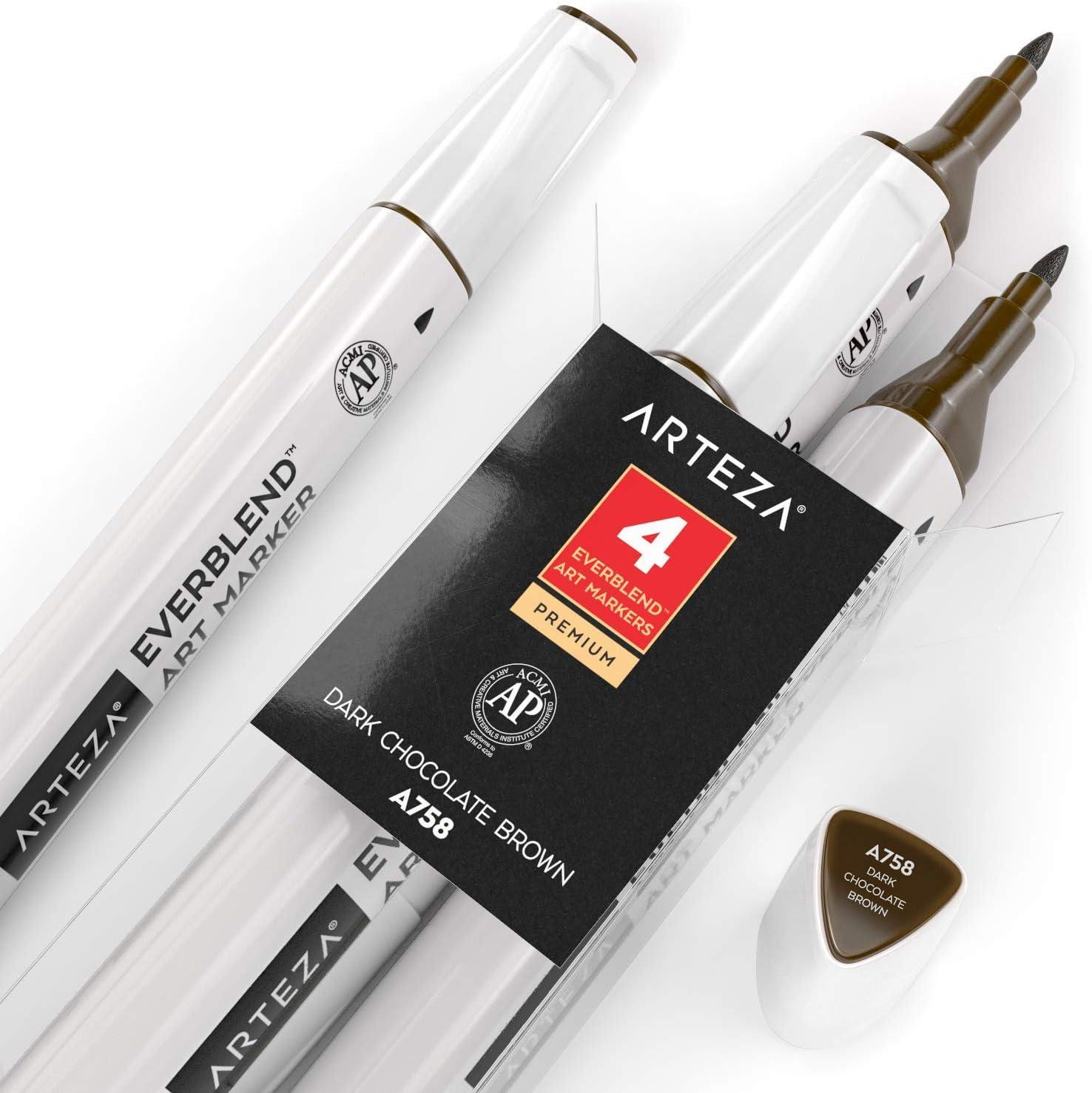 imageArteza EverBlend Art Markers Fluorescent Coral A302 Set of 4 Alcohol Based Sketch Markers with Dual Tips Fine and Broad Chisel for Painting Coloring Sketching and DrawingDark Chocolate Brown A758 Set of 4