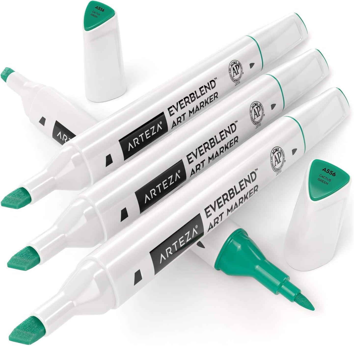 imageArteza EverBlend Art Markers Fluorescent Coral A302 Set of 4 Alcohol Based Sketch Markers with Dual Tips Fine and Broad Chisel for Painting Coloring Sketching and DrawingCactus Green A556 Set of 4