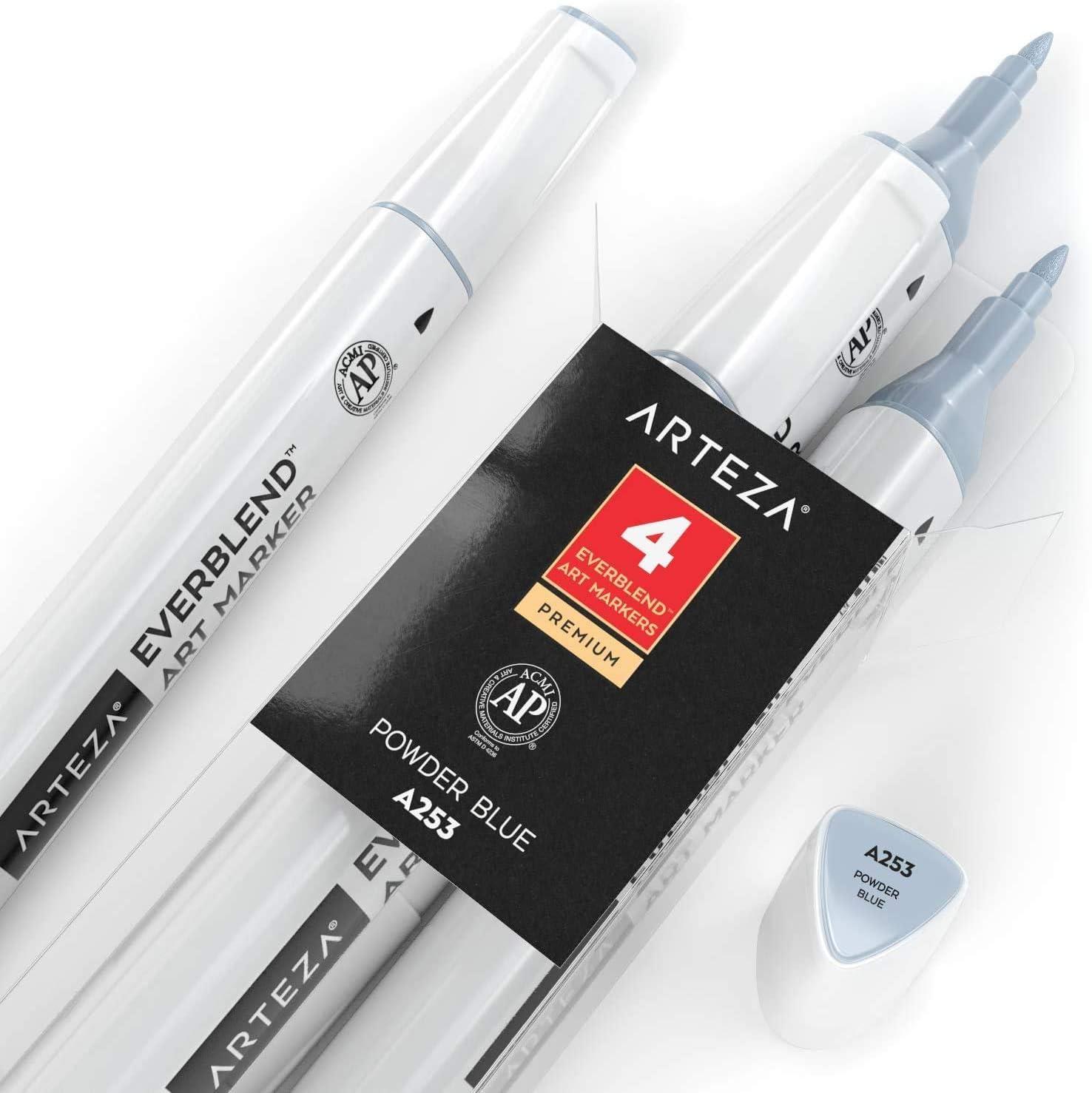 imageArteza EverBlend Art Markers Fluorescent Coral A302 Set of 4 Alcohol Based Sketch Markers with Dual Tips Fine and Broad Chisel for Painting Coloring Sketching and DrawingPowder Blue A253 Set of 4
