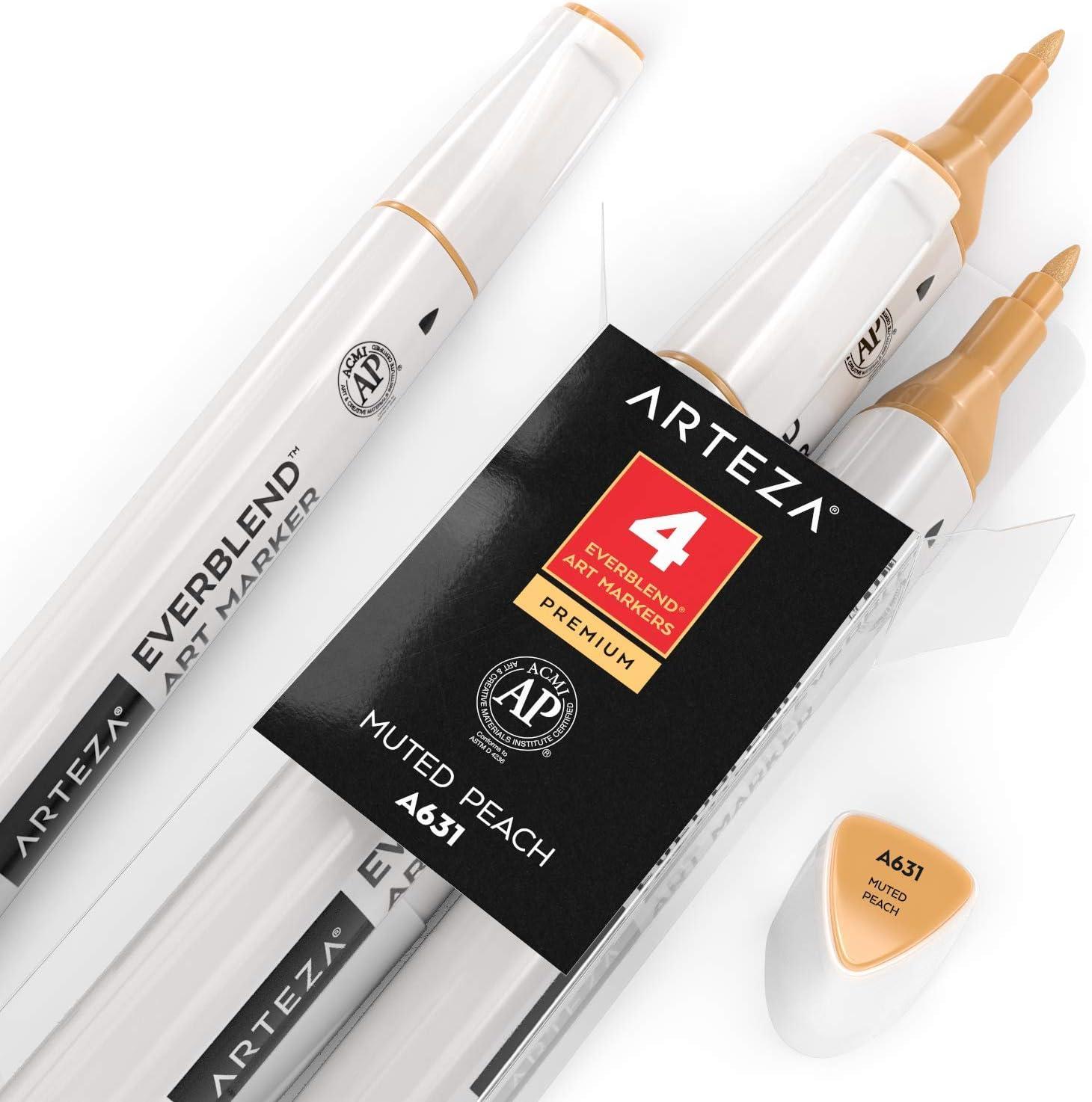 imageArteza EverBlend Art Markers Fluorescent Coral A302 Set of 4 Alcohol Based Sketch Markers with Dual Tips Fine and Broad Chisel for Painting Coloring Sketching and DrawingMuted Peach A631