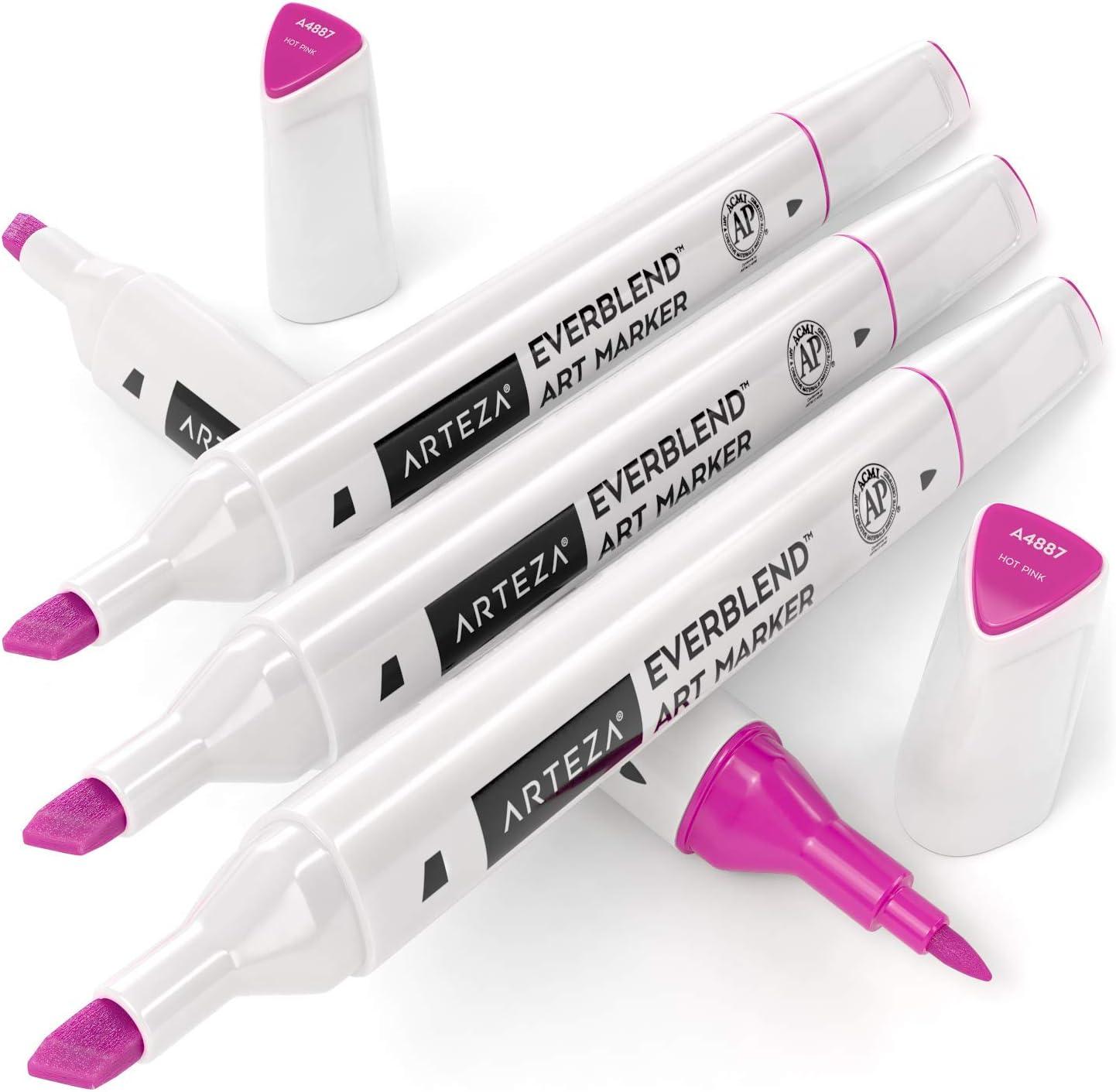imageArteza EverBlend Art Markers Fluorescent Coral A302 Set of 4 Alcohol Based Sketch Markers with Dual Tips Fine and Broad Chisel for Painting Coloring Sketching and DrawingHot Pink A4887 Set of 4
