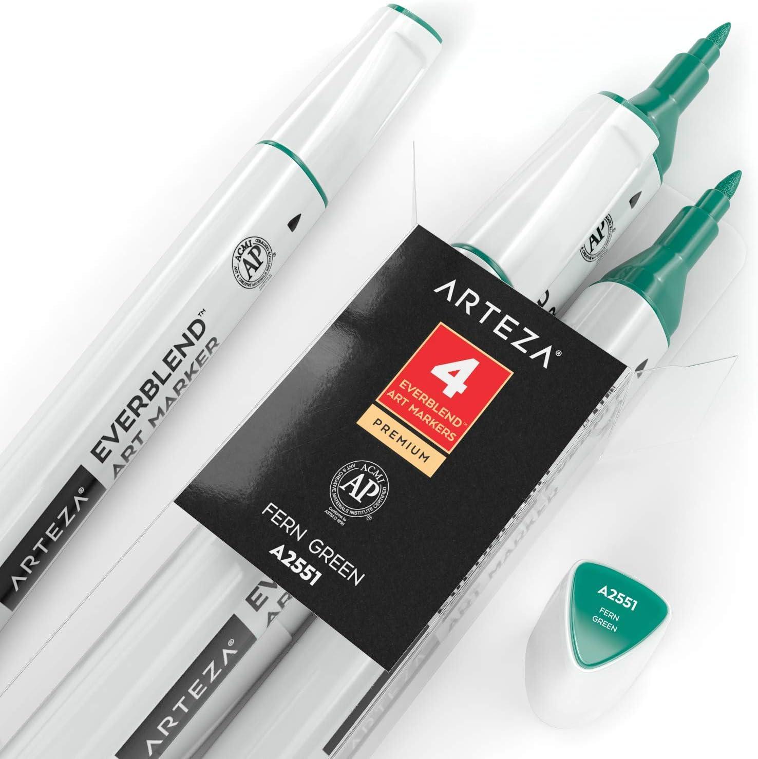 imageArteza EverBlend Art Markers Fluorescent Coral A302 Set of 4 Alcohol Based Sketch Markers with Dual Tips Fine and Broad Chisel for Painting Coloring Sketching and DrawingFern Green A2551 Set of 4