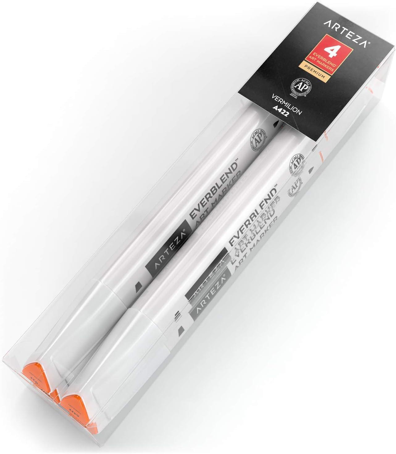 imageArteza EverBlend Art Markers Fluorescent Coral A302 Set of 4 Alcohol Based Sketch Markers with Dual Tips Fine and Broad Chisel for Painting Coloring Sketching and DrawingVermilion A422 Set of 4