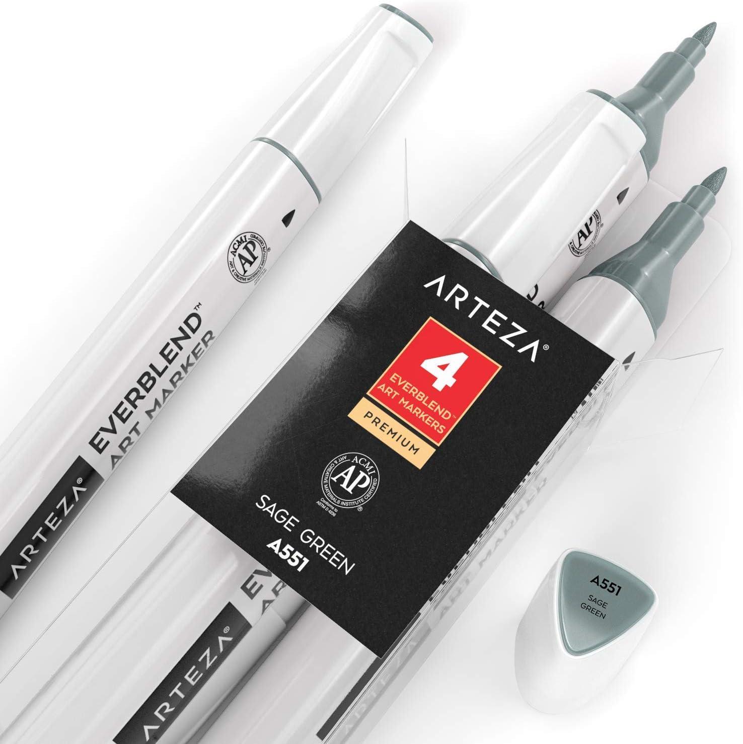 imageArteza EverBlend Art Markers Fluorescent Coral A302 Set of 4 Alcohol Based Sketch Markers with Dual Tips Fine and Broad Chisel for Painting Coloring Sketching and DrawingSage Green A551 Set of 4