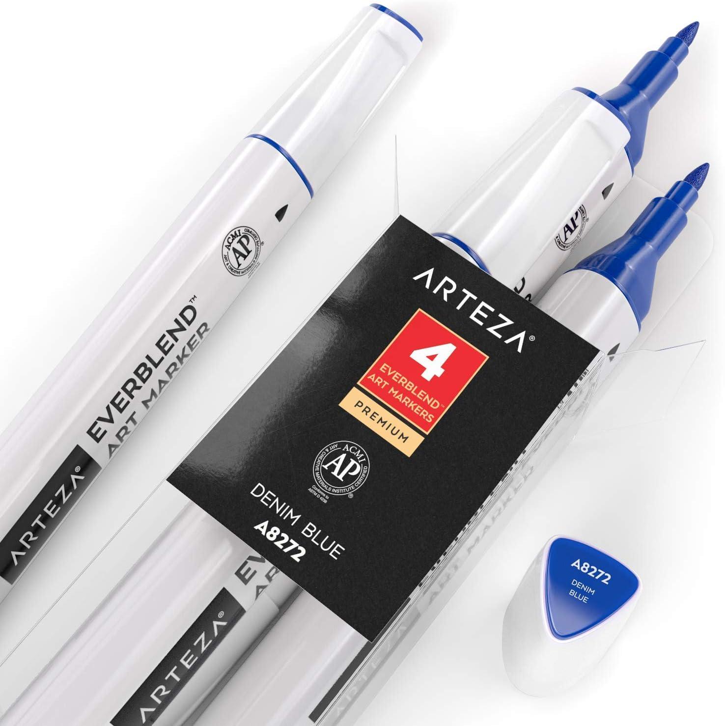 imageArteza EverBlend Art Markers Fluorescent Coral A302 Set of 4 Alcohol Based Sketch Markers with Dual Tips Fine and Broad Chisel for Painting Coloring Sketching and DrawingDenim Blue A8272 Set of 4