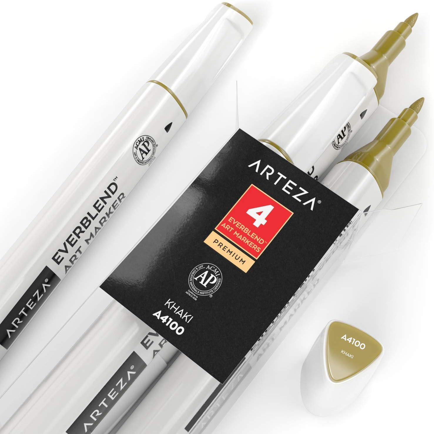 imageArteza EverBlend Art Markers Fluorescent Coral A302 Set of 4 Alcohol Based Sketch Markers with Dual Tips Fine and Broad Chisel for Painting Coloring Sketching and DrawingKhaki A4100 Set of 4
