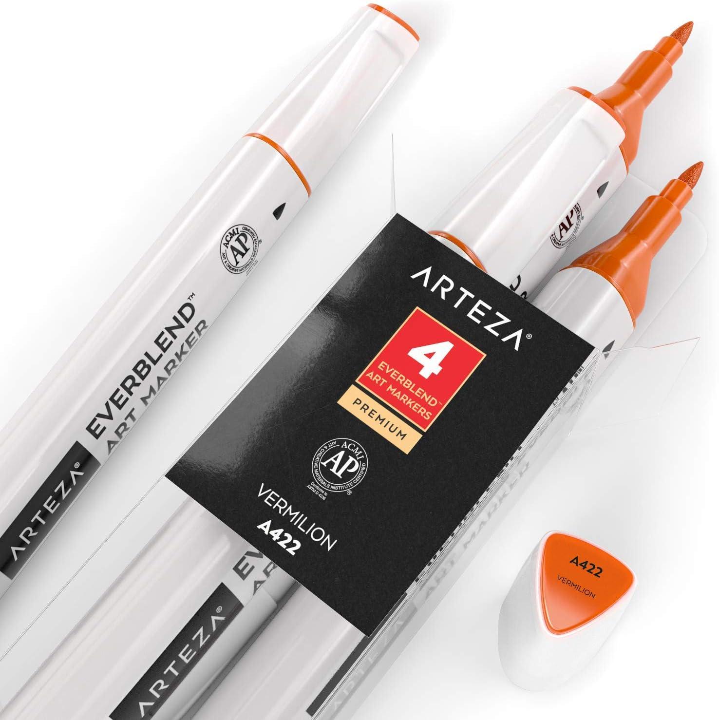 imageArteza EverBlend Art Markers Fluorescent Coral A302 Set of 4 Alcohol Based Sketch Markers with Dual Tips Fine and Broad Chisel for Painting Coloring Sketching and DrawingVermilion A422 Set of 4