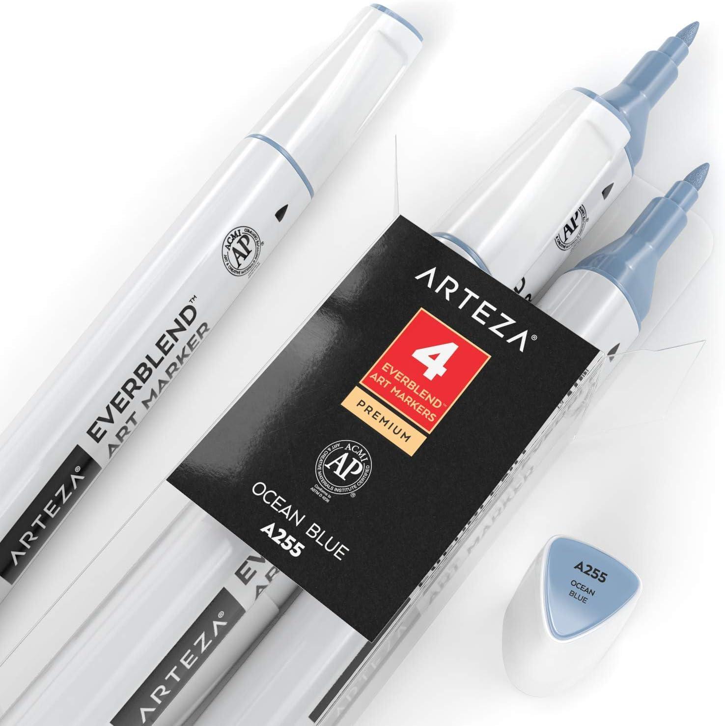 imageArteza EverBlend Art Markers Fluorescent Coral A302 Set of 4 Alcohol Based Sketch Markers with Dual Tips Fine and Broad Chisel for Painting Coloring Sketching and DrawingOcean Blue A255 Set of 4