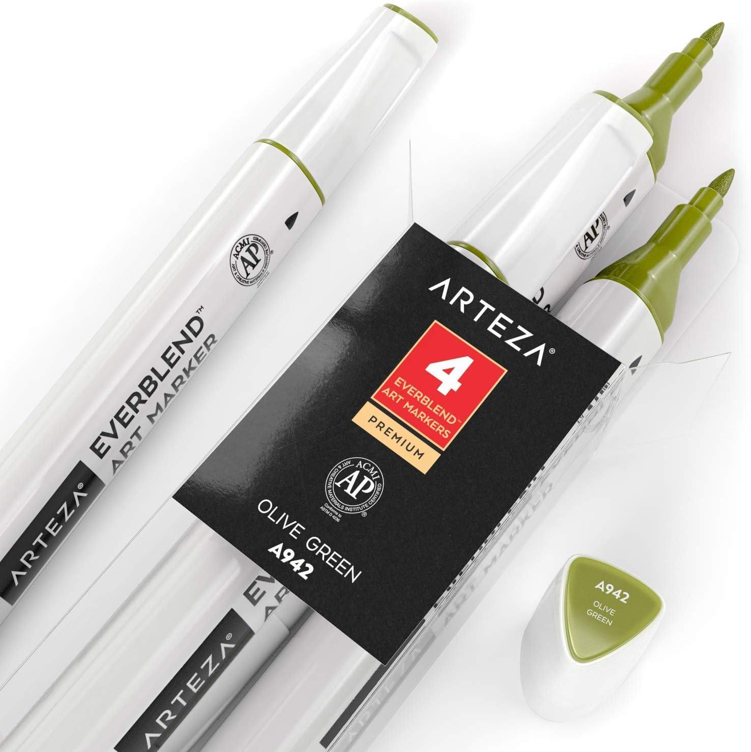 imageArteza EverBlend Art Markers Fluorescent Coral A302 Set of 4 Alcohol Based Sketch Markers with Dual Tips Fine and Broad Chisel for Painting Coloring Sketching and DrawingOlive Green A942 Set of 4