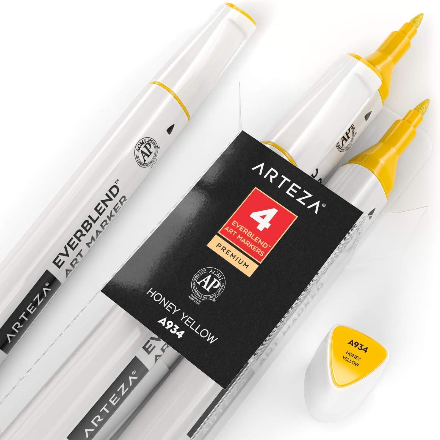 imageArteza EverBlend Art Markers Fluorescent Coral A302 Set of 4 Alcohol Based Sketch Markers with Dual Tips Fine and Broad Chisel for Painting Coloring Sketching and DrawingHoney Yellow A934 Set of 4